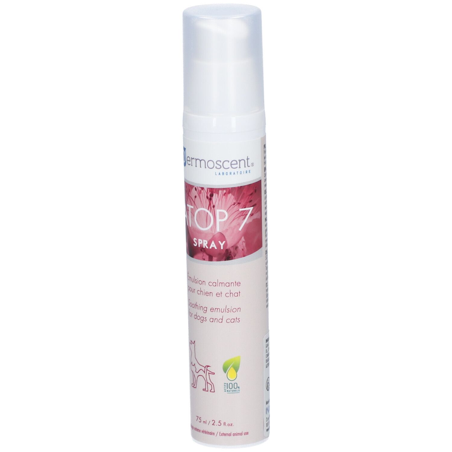 Spray blanc avec étiquette rose. Inscription : ATOP 7 SPRAY, émulsion apaisante pour chiens et chats. 75 ml.