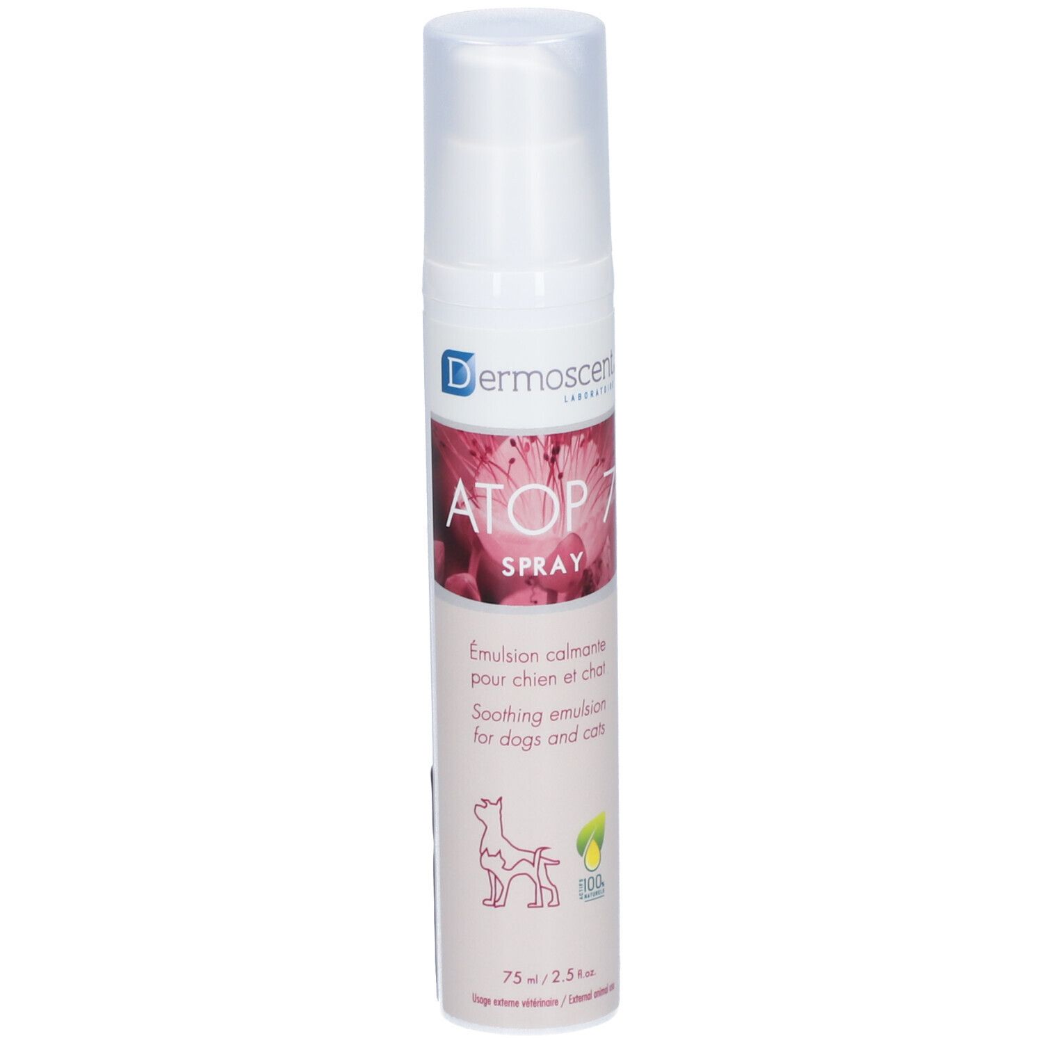 Spray blanc avec étiquette rose. Inscription : ATOP 7 SPRAY, émulsion apaisante pour chiens et chats. 75 ml.
