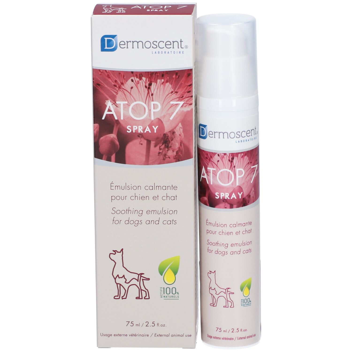 Emballage du produit avec spray et carton. Inscription : ATOP 7 SPRAY, émulsion apaisante pour chiens et chats. 75 ml.
