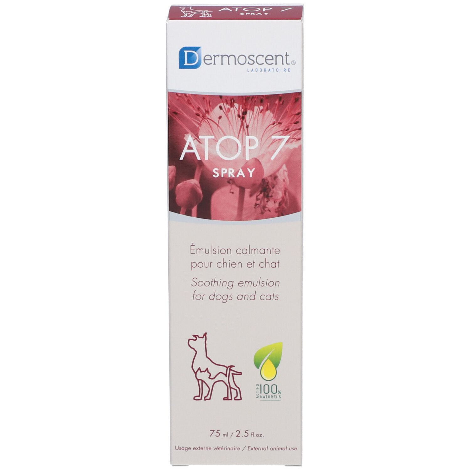 Emballage du produit avec carton. Inscription : ATOP 7 SPRAY, émulsion apaisante pour chiens et chats. 75 ml.