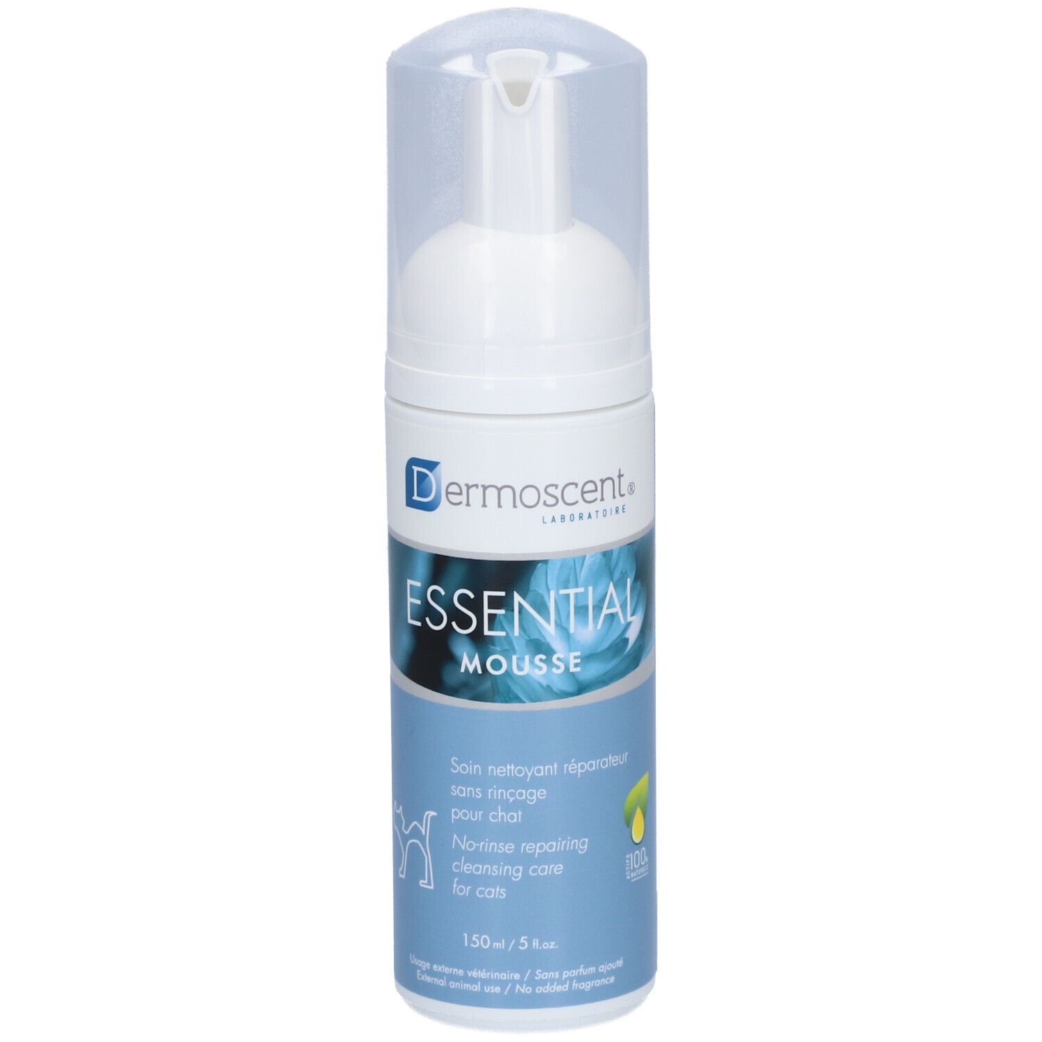 Witte fles met sproeikop. Opschrift: Dermoscent, Essential Mousse. Tekst: Reinigende verzorging voor katten. 150 ml.