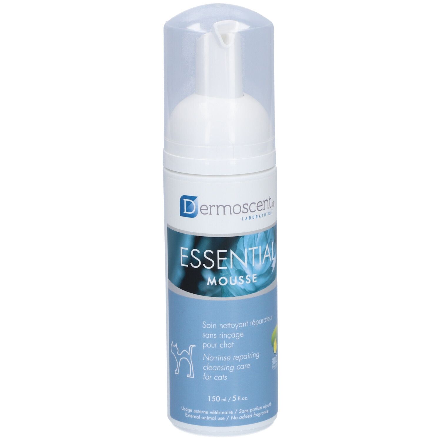 Witte fles met sproeikop. Opschrift: Dermoscent, Essential Mousse. Tekst: Reinigende verzorging voor katten. 150 ml.