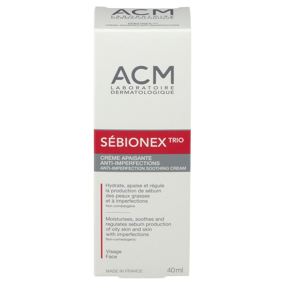 Emballage du produit. Blanc avec texte rouge et gris. Nom du produit : SÉBIONEX TRIO. Marque : ACM. 40ml.
