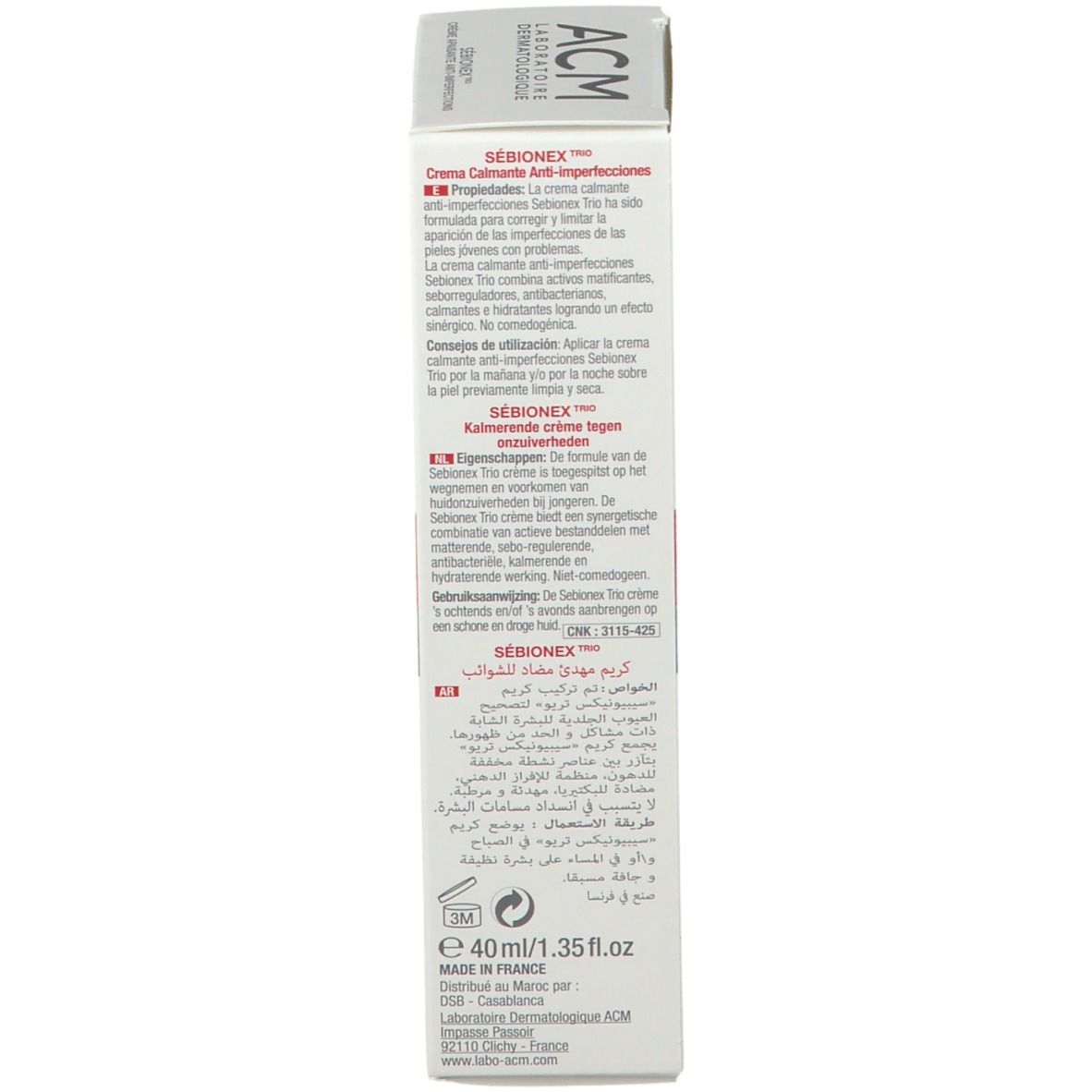 Emballage du produit. Dos. Texte multilingue. Nom du produit : SÉBIONEX TRIO. 40ml.