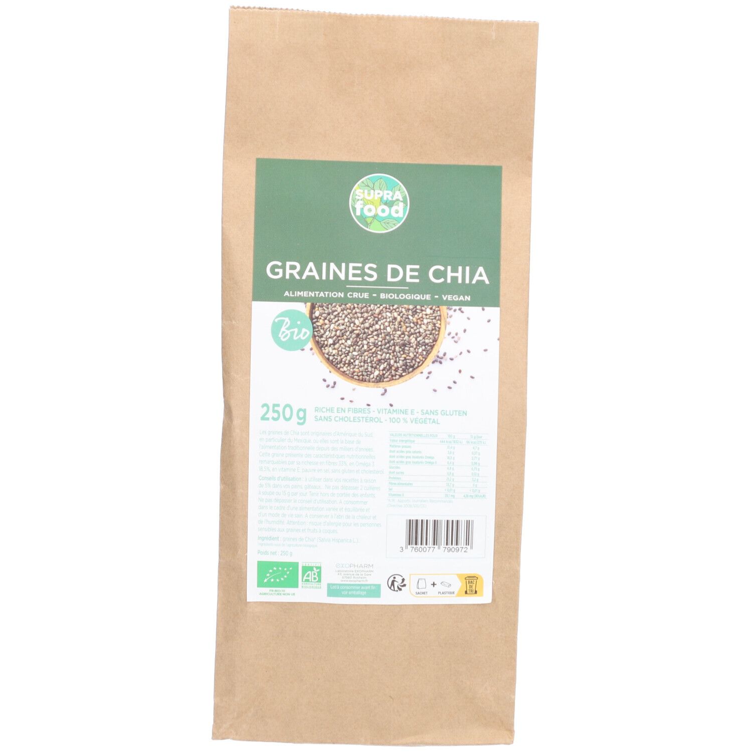 Papieren zak met chiazaden. Groen-wit etiket met productnaam en bio-logo. Verpakking van 250g.