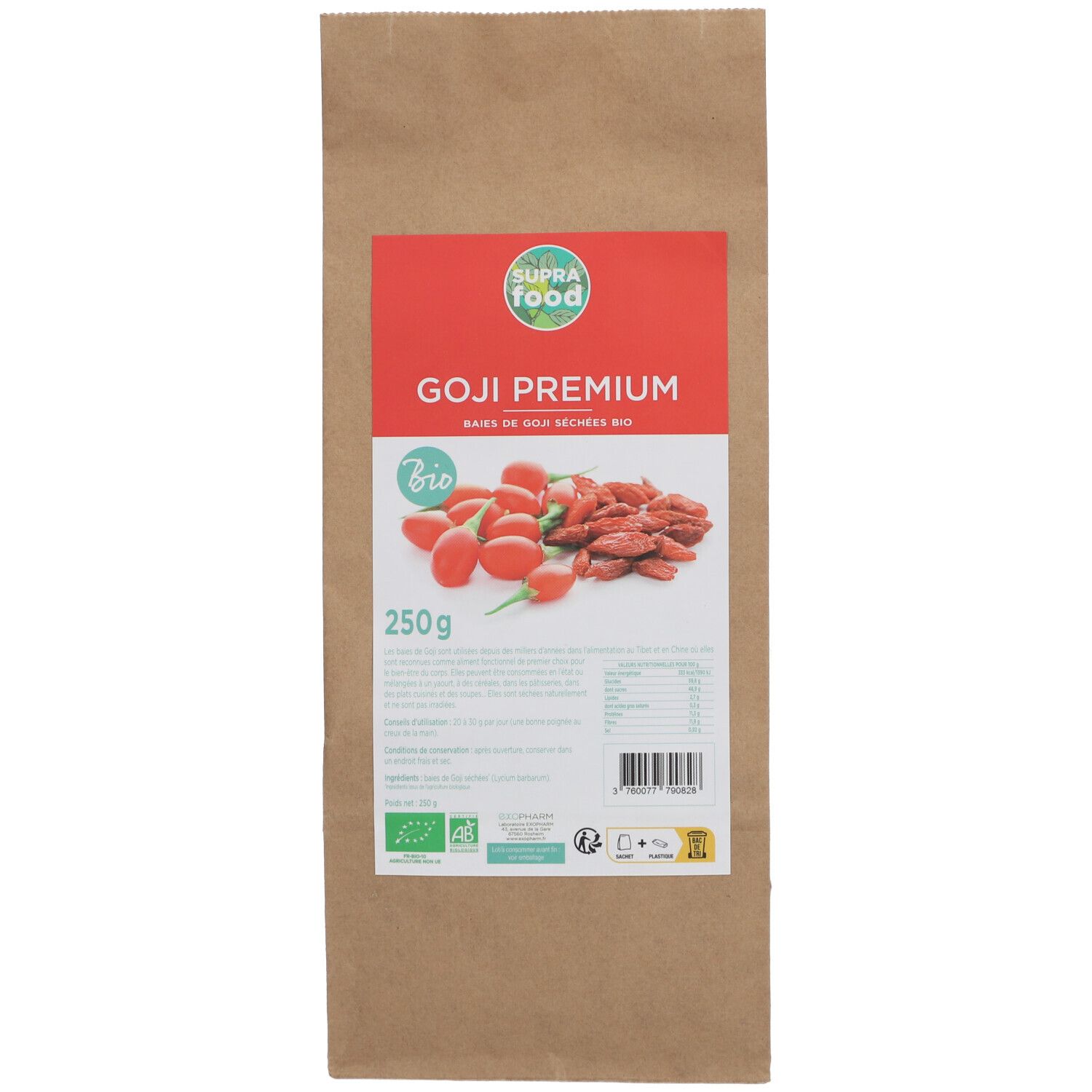 Bruine papieren zak met rood etiket. Opschrift: GOJI PREMIUM BIO. Afbeelding van goji-bessen. Gewicht: 250g. Bio-keurmerk.