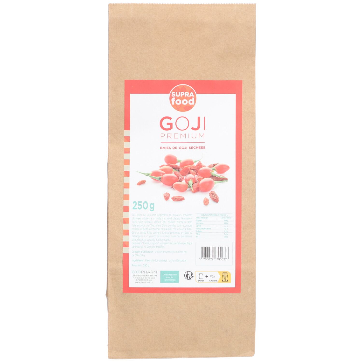 Bruine papieren zak met rood etiket. Opschrift: GOJI Premium, 250g. Afbeelding van gojibessen.