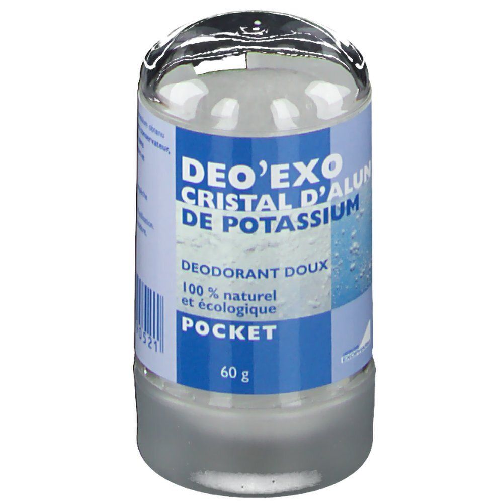 Deo'exo kristal deodorant. Cilindrische vorm met transparante deksel. Blauw etiket met informatie. 60g.