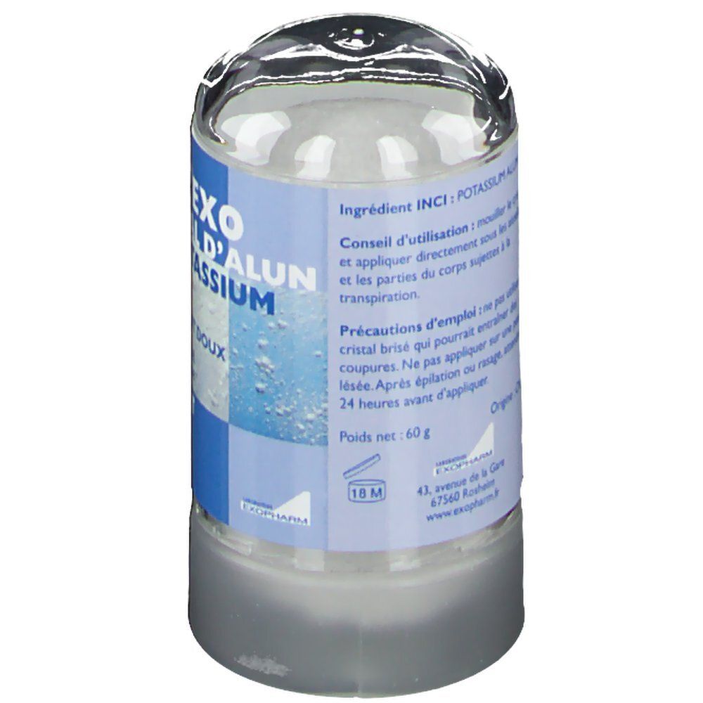 Deo'exo kristal deodorant. Cilindrische vorm met transparante deksel. Blauw etiket met informatie. 60g.