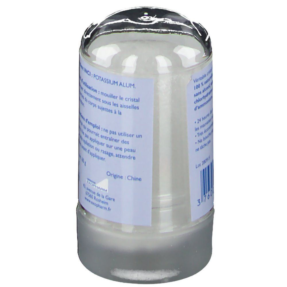 Deo'exo kristal deodorant. Cilindrische vorm met transparante deksel. Blauw etiket met informatie. 60g.