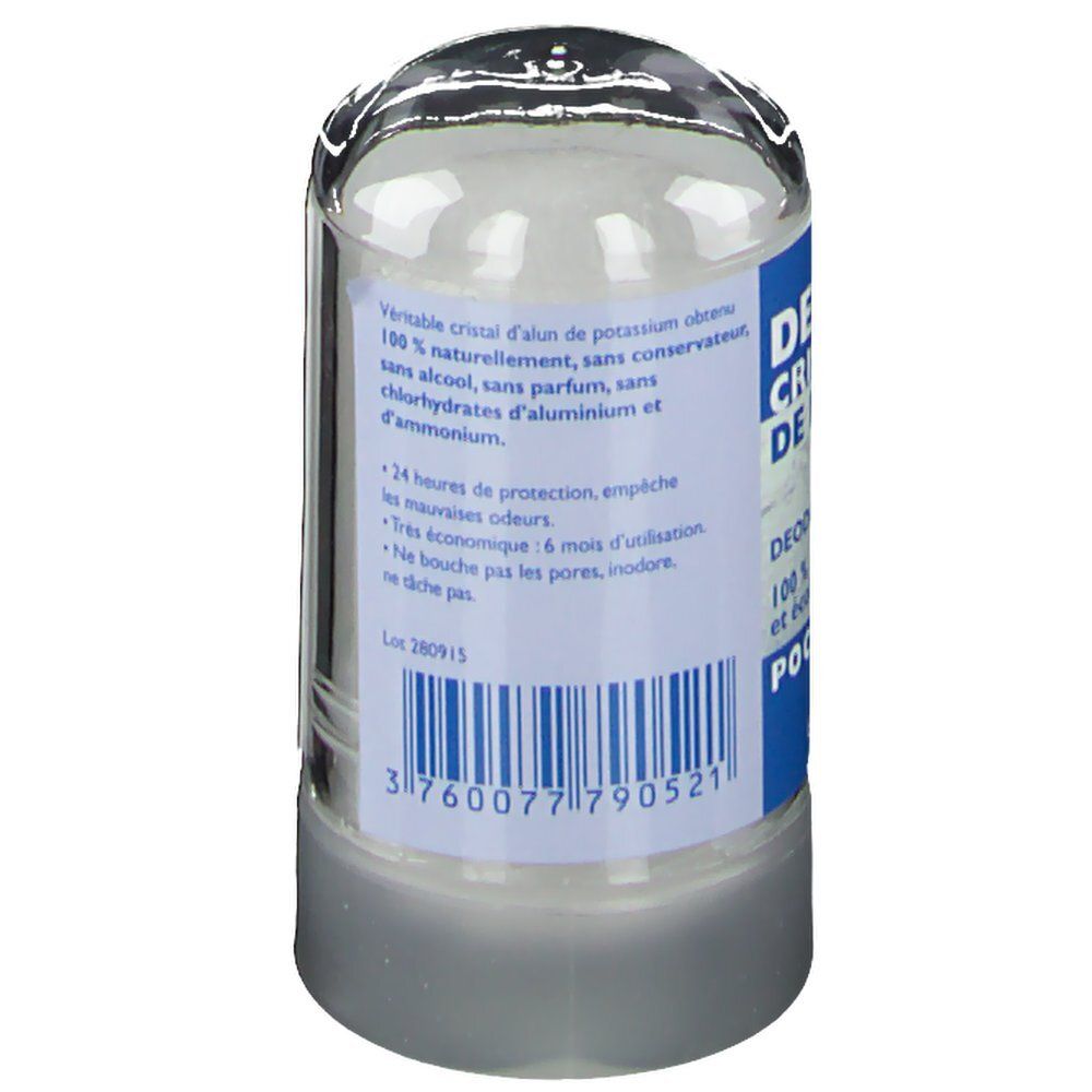 Deo'exo kristal deodorant. Cilindrische vorm met transparante deksel. Blauw etiket met informatie. 60g.