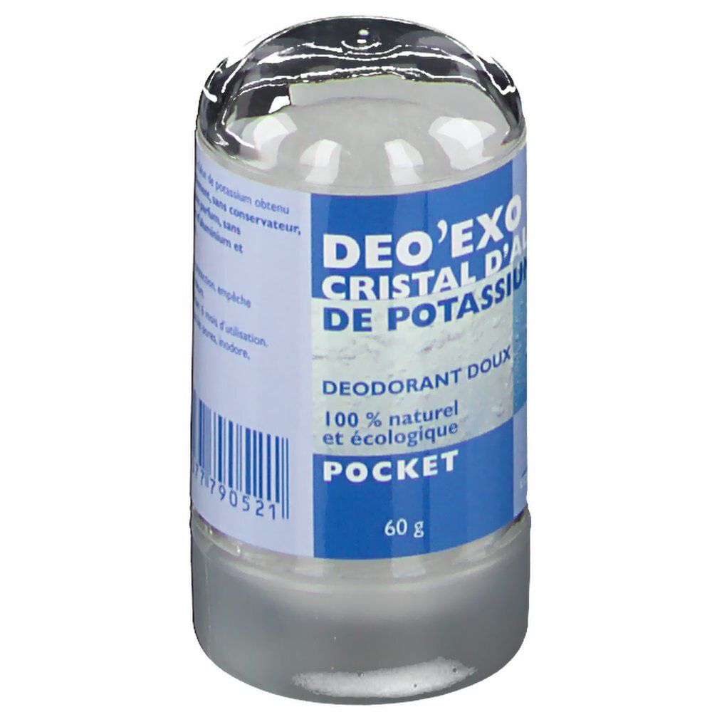 Deo'exo kristal deodorant. Cilindrische vorm met transparante deksel. Blauw etiket met informatie. 60g.