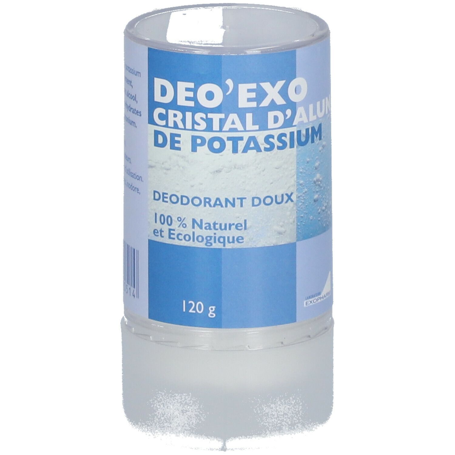 Déodorant cristal Deo'exo. Forme cylindrique, emballage transparent. Étiquette bleue et blanche avec informations produit et 120 g.