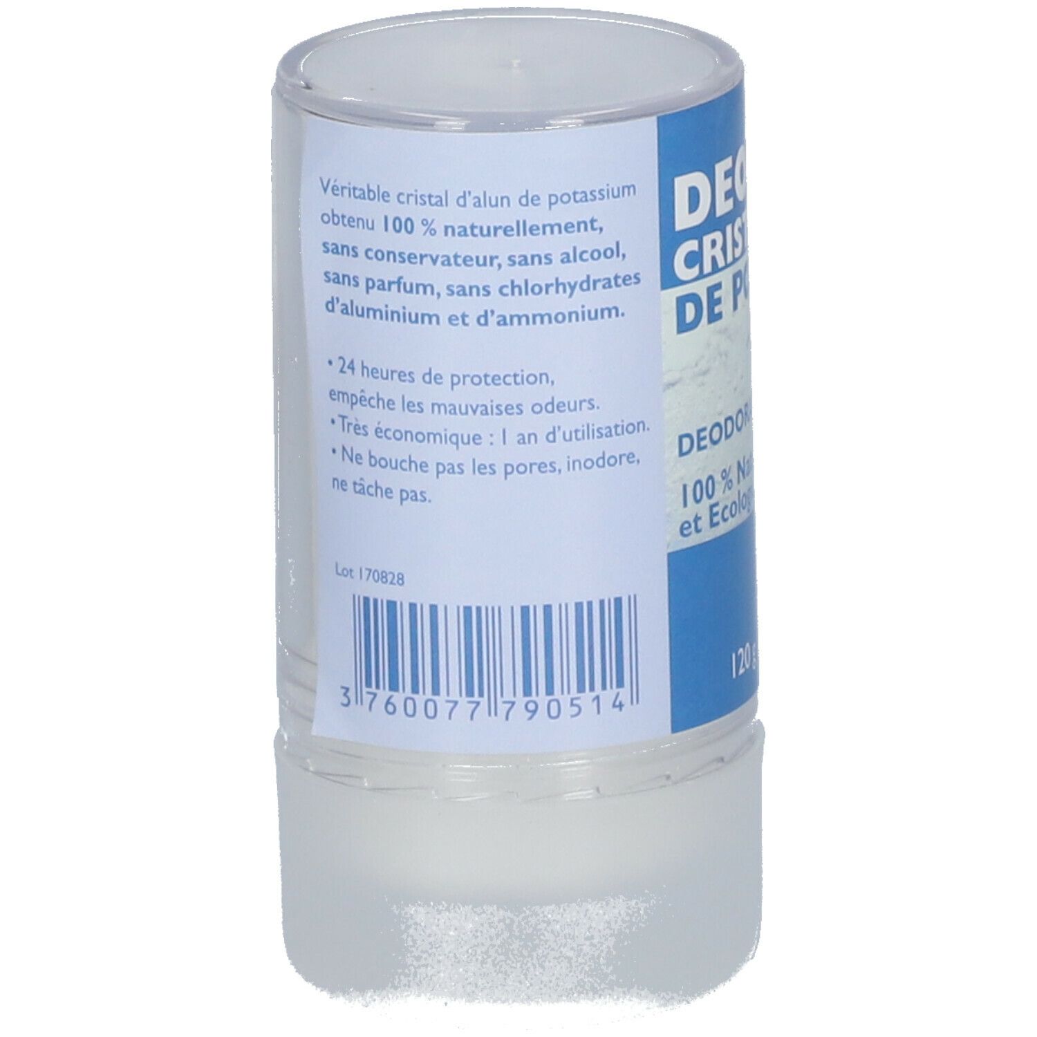 Déodorant cristal Deo'exo. Vue arrière avec informations produit sur étiquette bleu et blanc. Code-barres et détails texte.