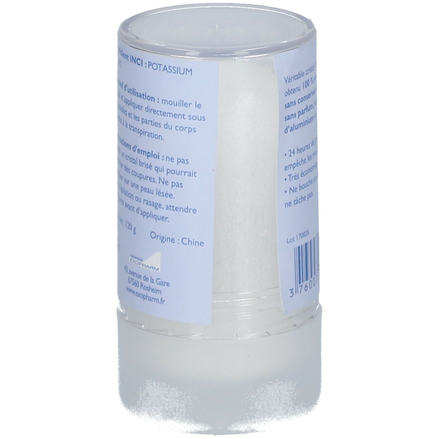 Déodorant cristal Deo'exo. Vue latérale avec informations produit sur étiquette bleu et blanc. Texte et code-barres.