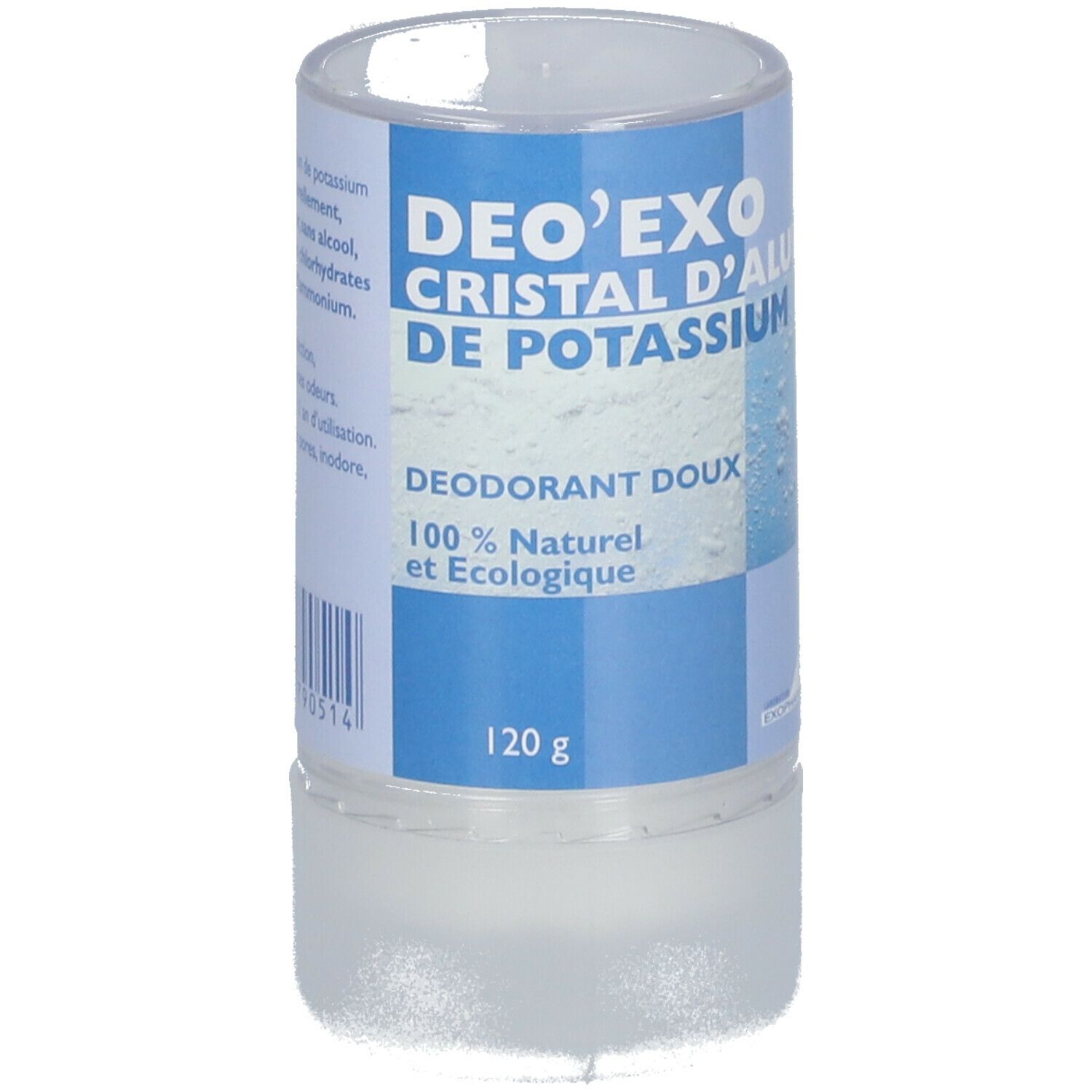 Déodorant cristal Deo'exo. Forme cylindrique, emballage transparent. Étiquette bleue et blanche avec informations produit et 120 g.