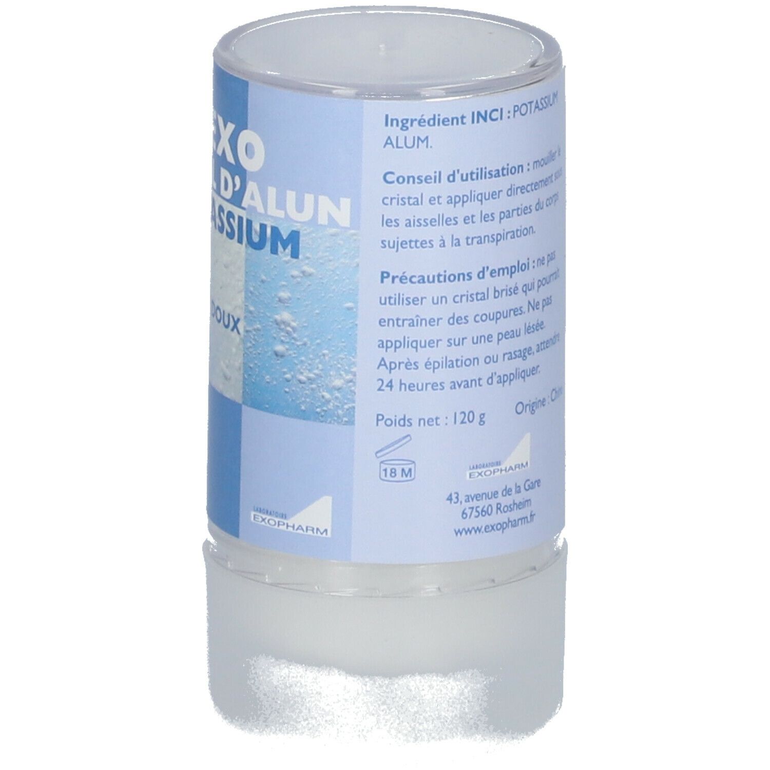 Déodorant cristal Deo'exo. Vue latérale avec informations produit sur étiquette bleu et blanc. Poids 120 g.