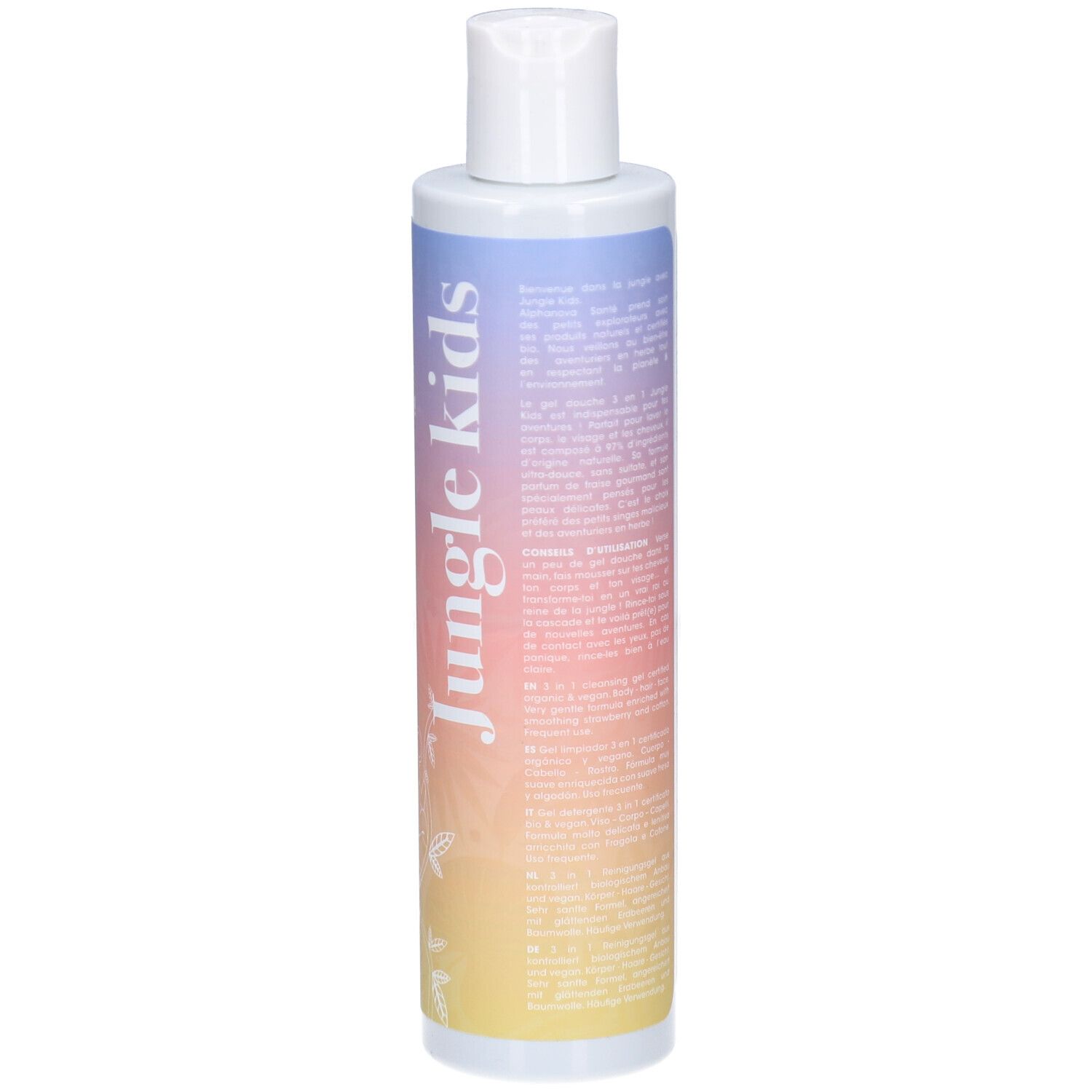 Dos du flacon de gel douche. Texte multilingue. Code QR et autres symboles.