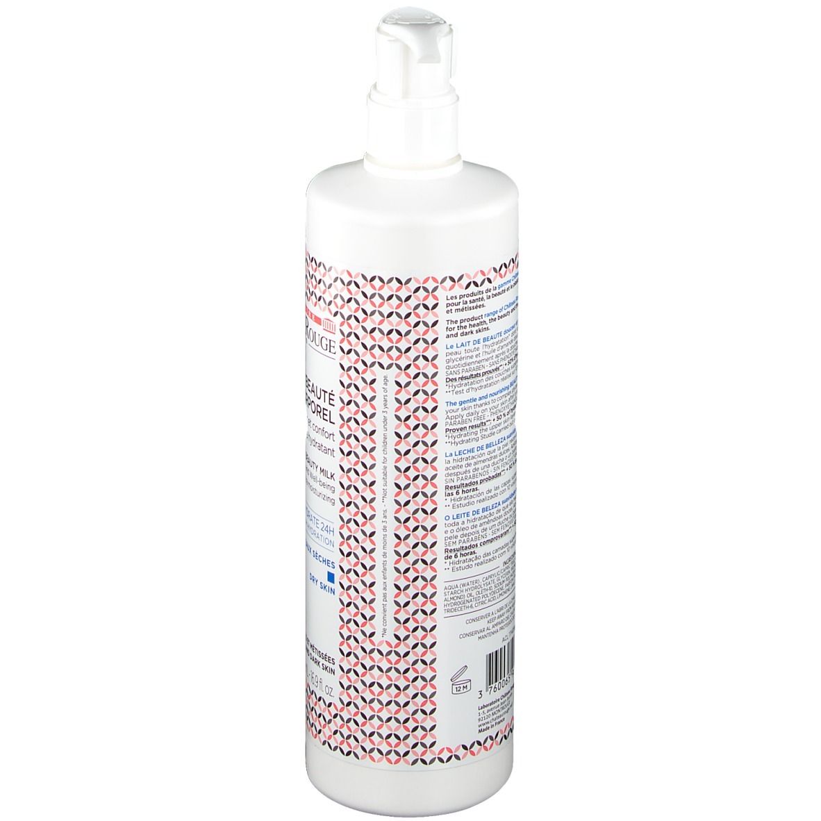 Witte fles met pomp. Achterkant met tekst en patroon. Productnaam niet zichtbaar.