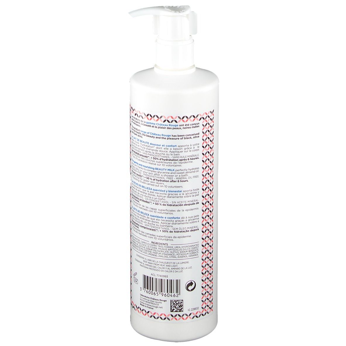 Witte fles met pomp. Achterkant met tekst en patroon. Productnaam niet zichtbaar.