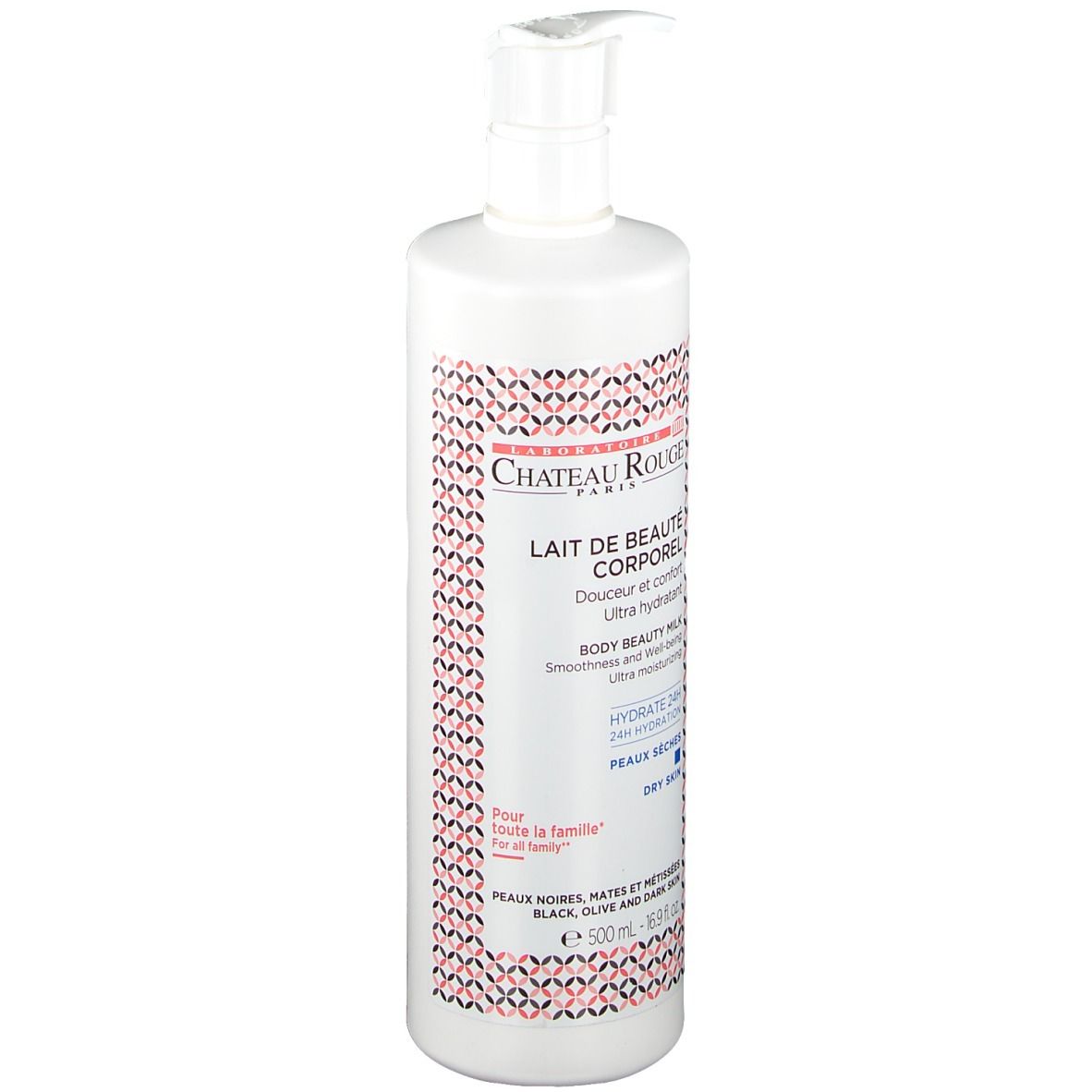 Witte fles met pomp. Opschrift: Château Rouge, Lait de Beauté Corporel, Hydrate 24H, Peaux sèches.