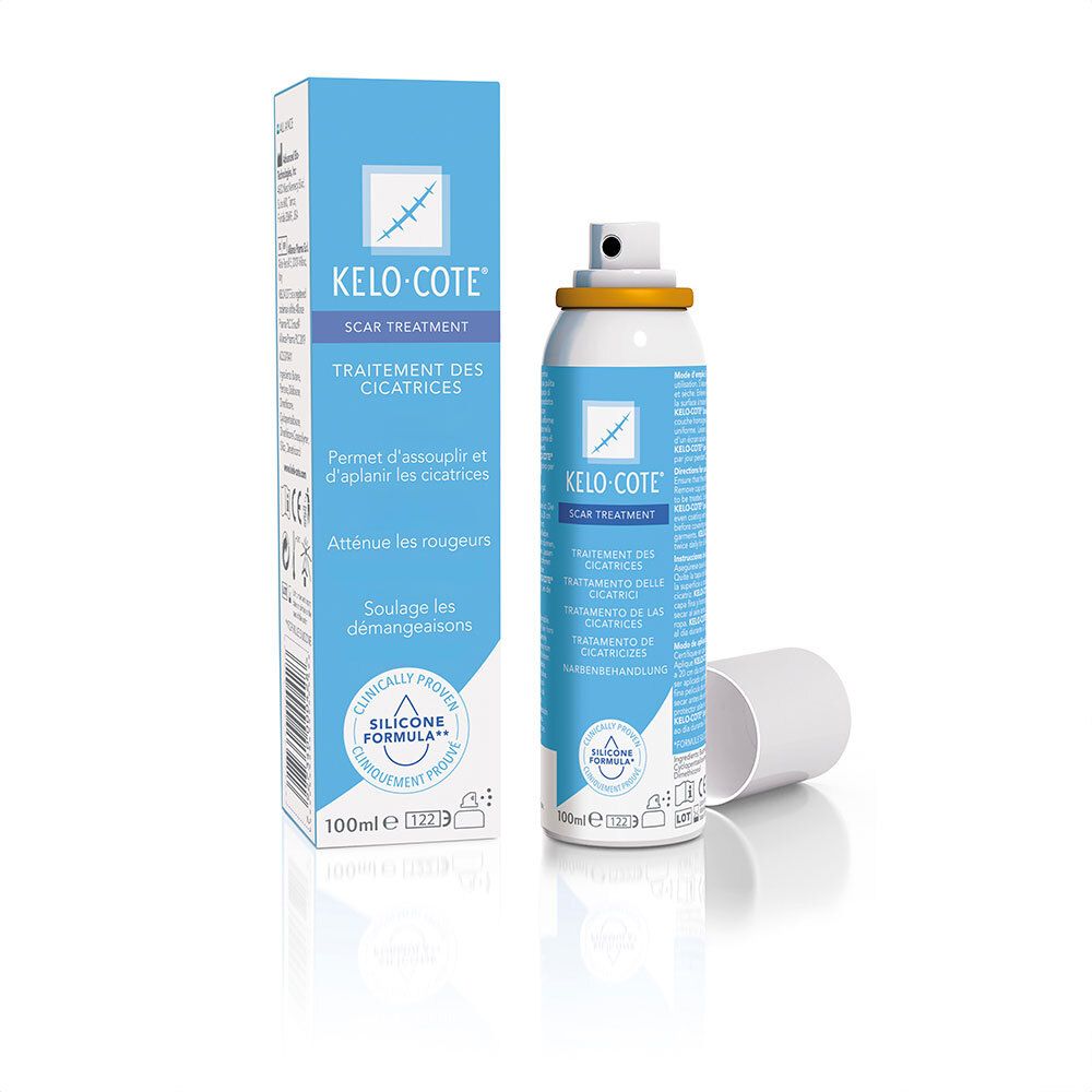KELO-COTE® Spray, traitement des cicatrices. Flacon et boîte. Couleurs bleu et blanc. Contient du texte.