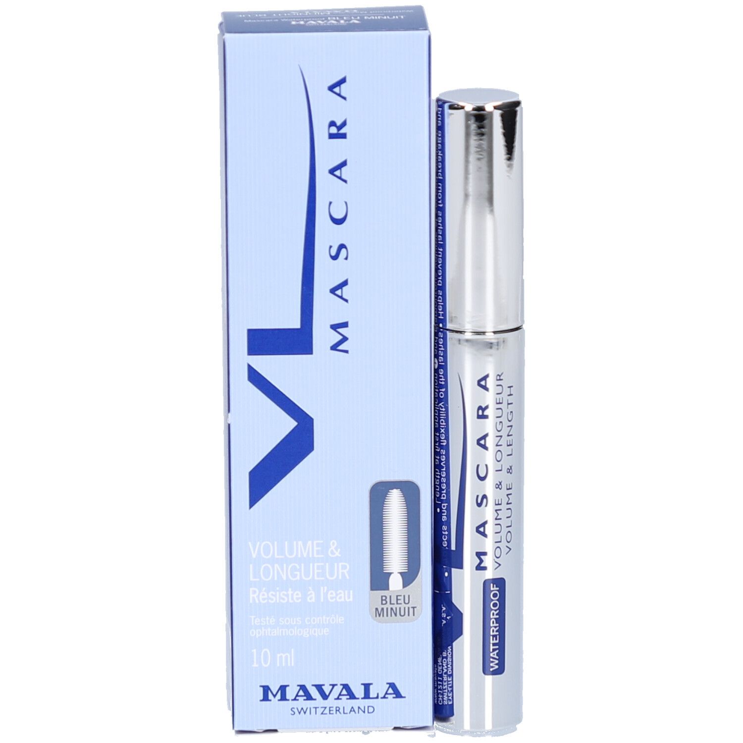 Mascaraverpakking en -huls. Verpakking blauw, rechthoekig. Huls zilver. Tekst: MAVALA, Mascara, Volume & Longueur, Waterproof, Bleu Minuit, 10 ml.