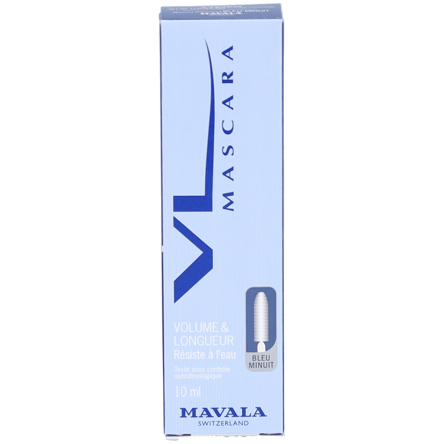 Blauwe, rechthoekige mascaraverpakking. Tekst: MAVALA, Mascara, Volume & Longueur, Bleu Minuit, 10 ml. Met applicator.