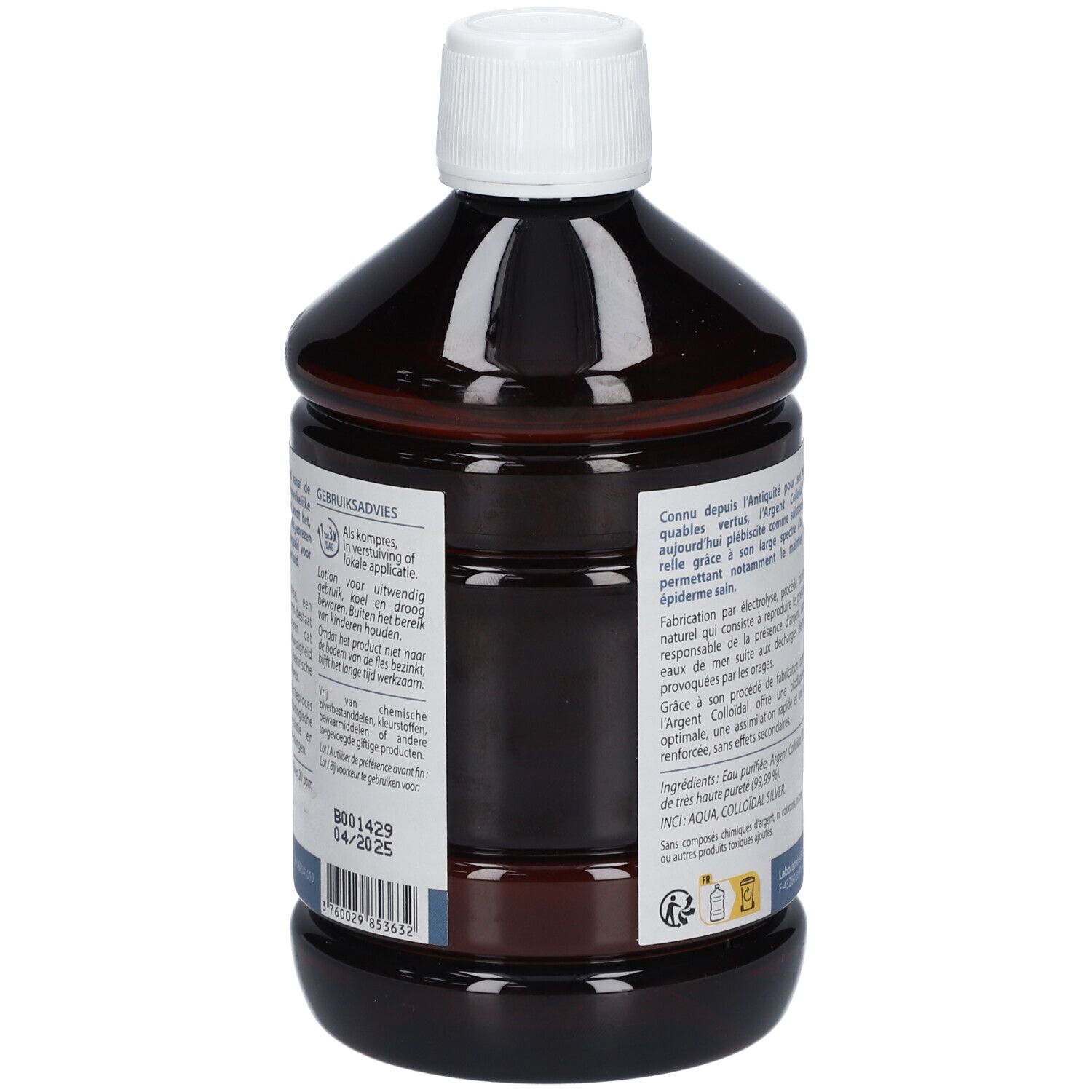 Achterkant bruine fles met witte dop. Etiket met tekst. Productiedatum 04/2025.