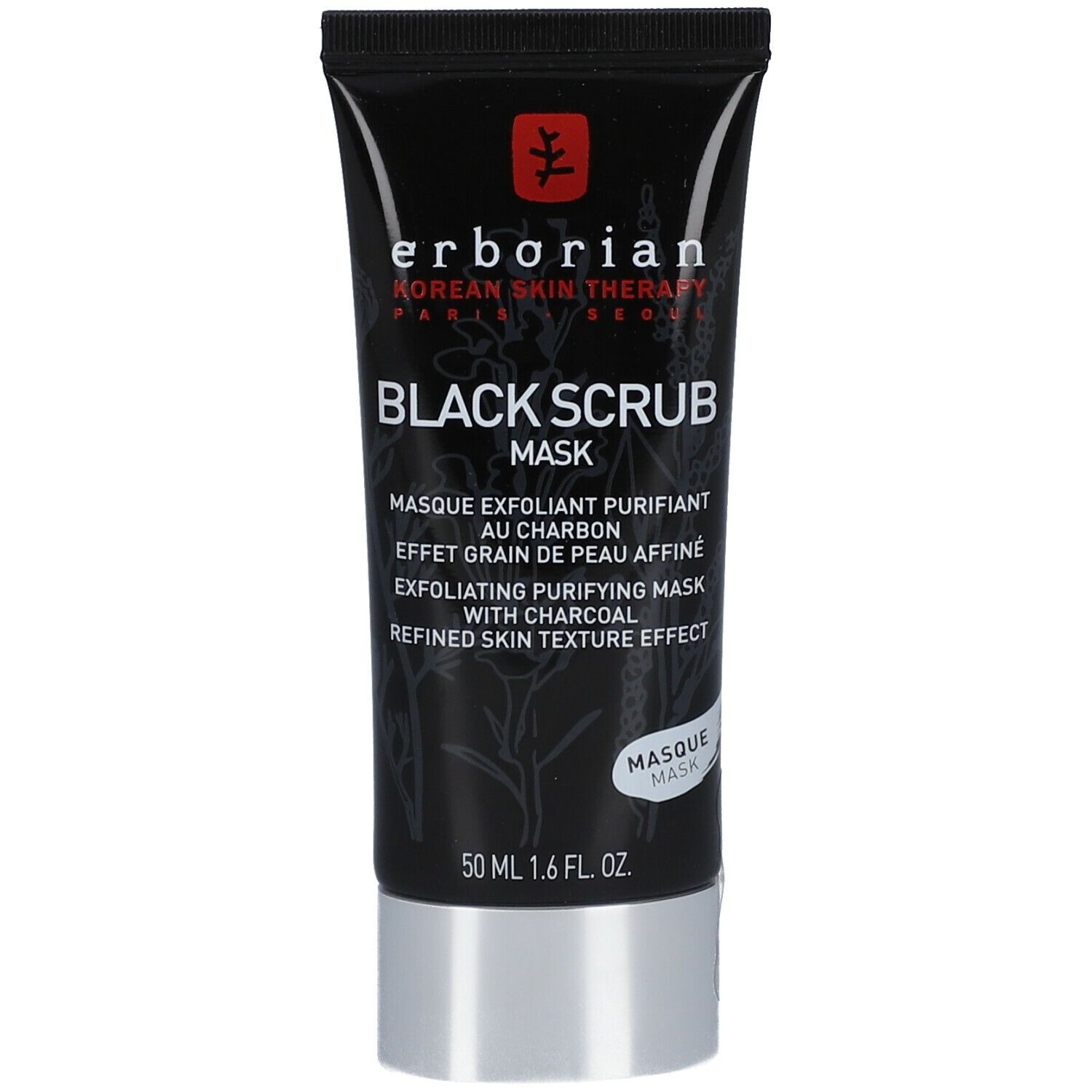 Zwarte tube Erborian Black Scrub Mask. 50 ml. Witte tekst. Zwarte dop, zilveren bodem.