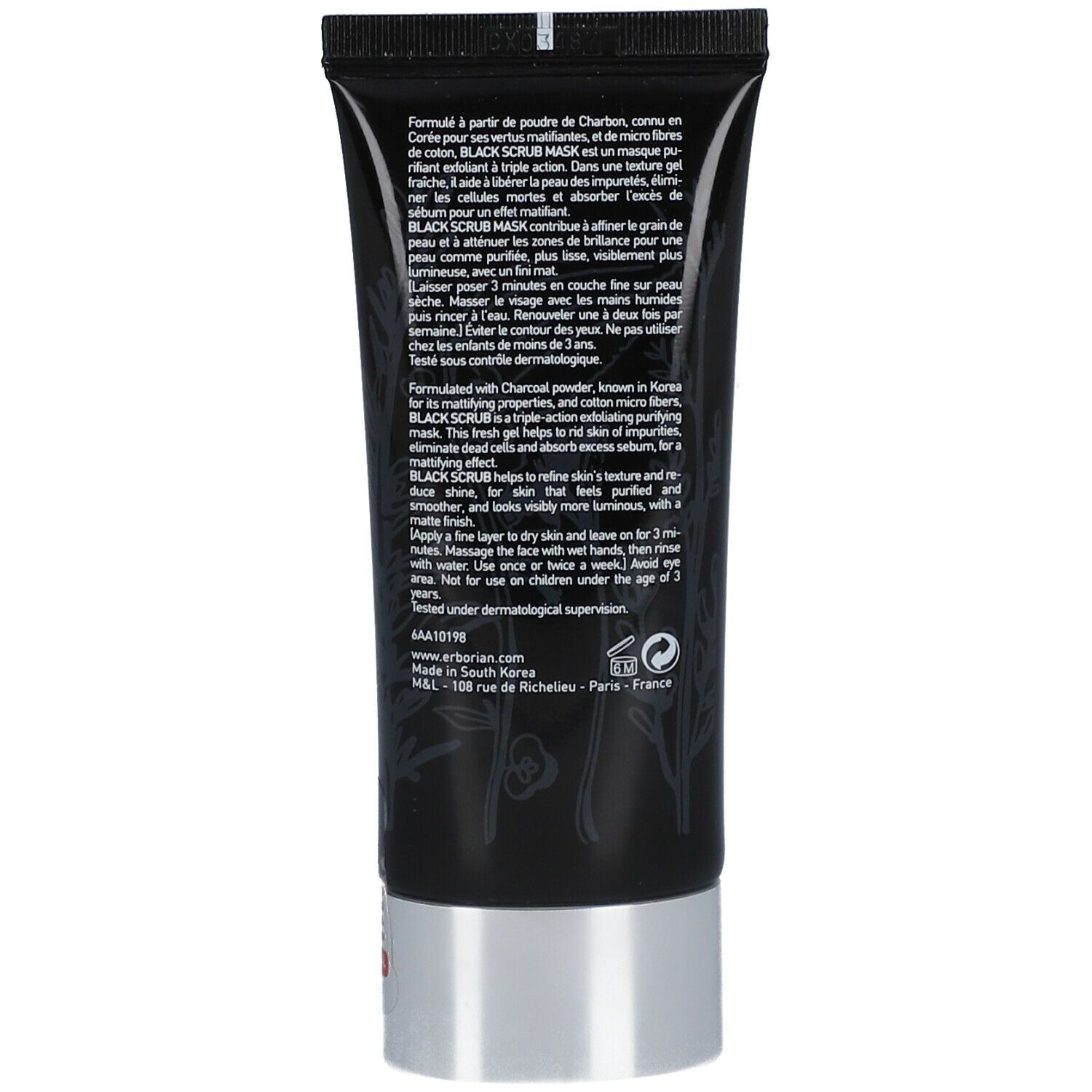 Achterkant zwarte tube. Meertalige tekst. Erborian Black Scrub Mask. Ingrediënten en instructies.