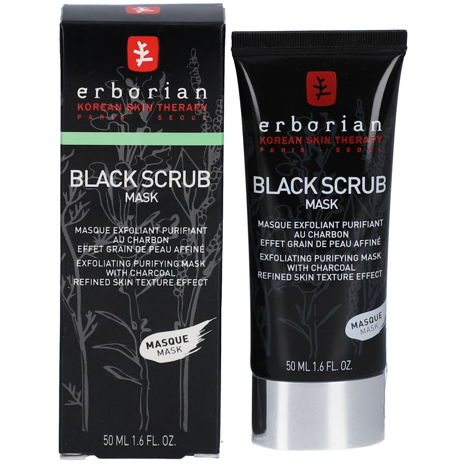 Erborian Black Scrub Mask. Zwarte tube en doos. 50 ml. Zwarte verpakking met witte tekst.