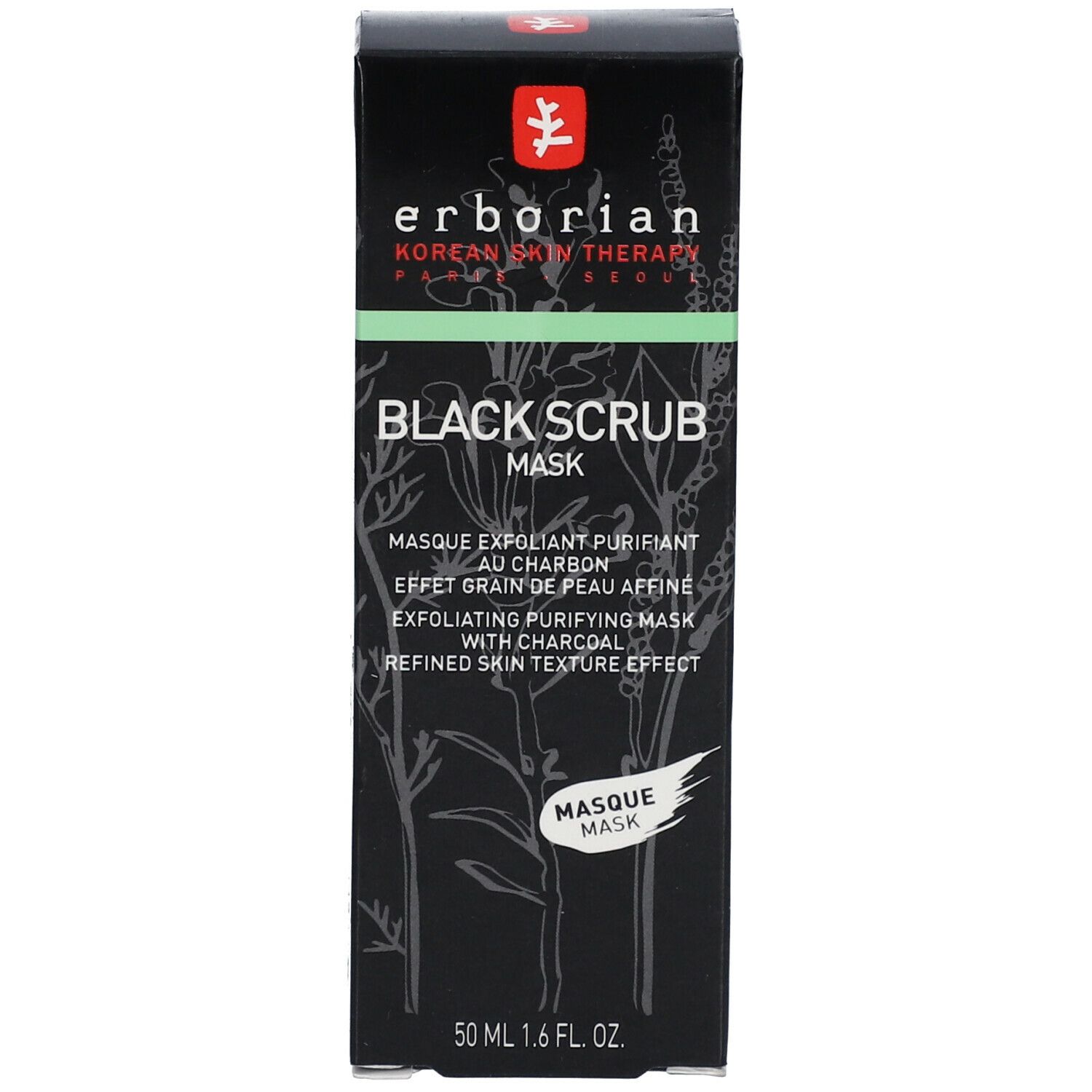 Zwarte doos met productinformatie. Erborian Black Scrub Mask. 50 ml. Groene accenten.