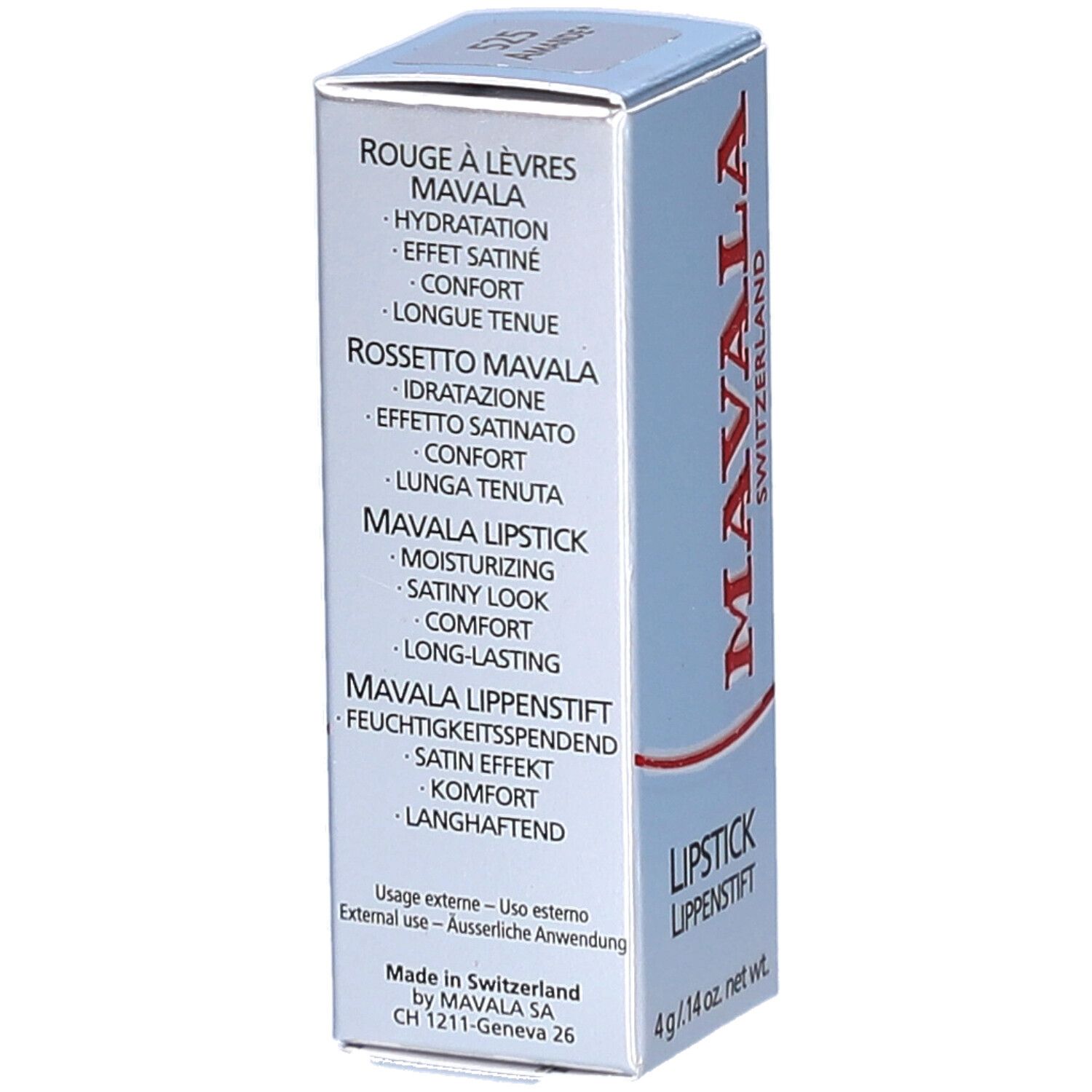 Boîte de rouge à lèvres MAVALA. Inscriptions: ROUGE À LÈVRES, ROSSETTO, LIPSTICK, LIPPENSTIFT. 4 g / .14 oz. net wt.