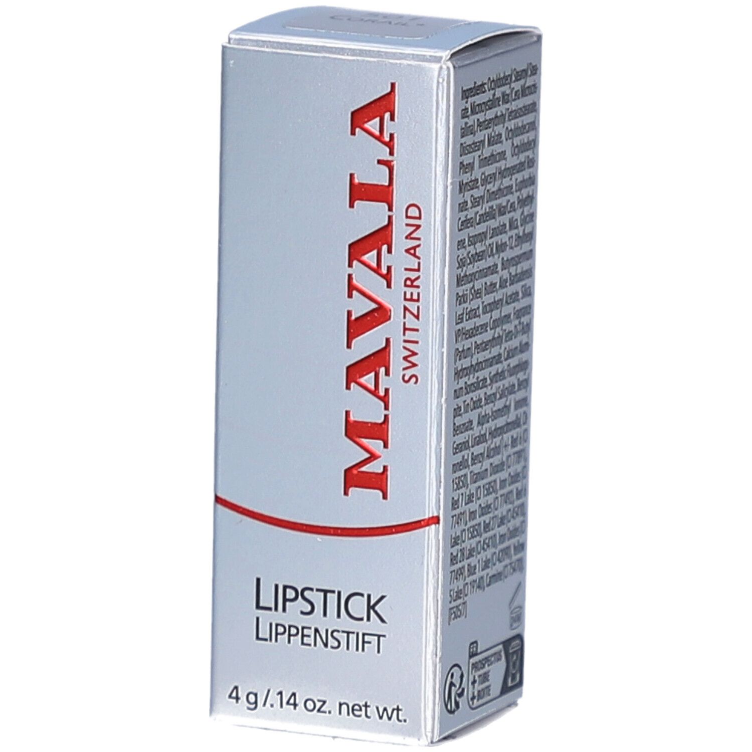 Doosje lippenstift MAVALA. Rode tekst. Onder: "LIPSTICK LIPPENSTIFT". Gewicht: 4 g / .14 oz. net wt.