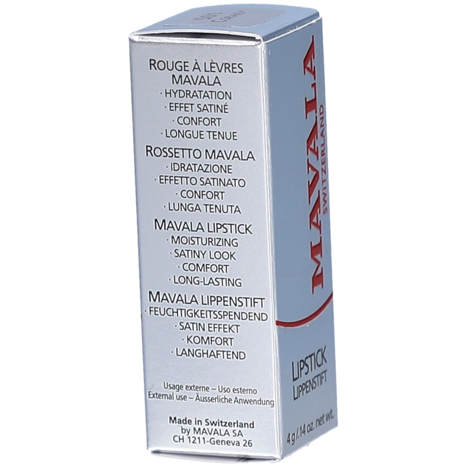 Zijkant van de lippenstift doos. Meertalige tekst: Rouge à Lèvres, Rossetto, Lipstick, MAVALA Lippenstift. Gemaakt in Zwitserland.