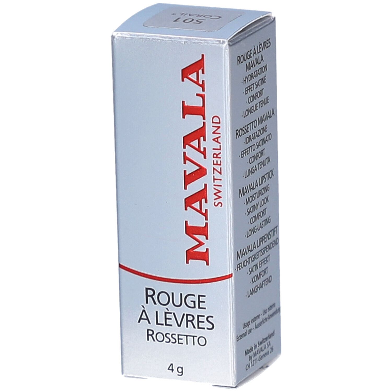 Lippenstiftdoosje. Merk MAVALA, rode tekst. Onder: "ROUGE À LÈVRES ROSSETTO". Gewicht: 4 g.