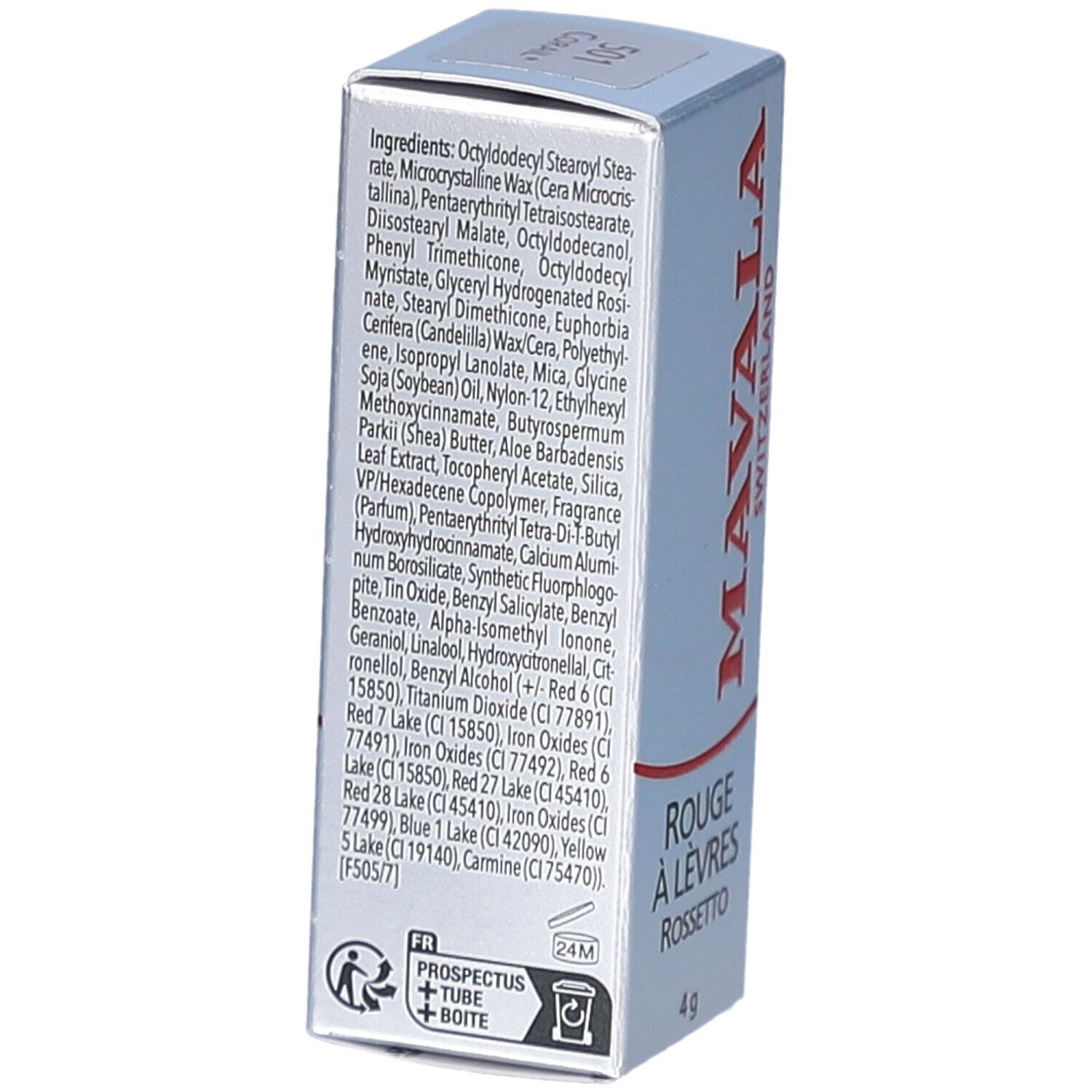 Achterkant van de lippenstift doos. Ingrediëntenlijst. Merk MAVALA. Tekst: ROUGE À LÈVRES ROSSETTO. Gewicht: 4 g.