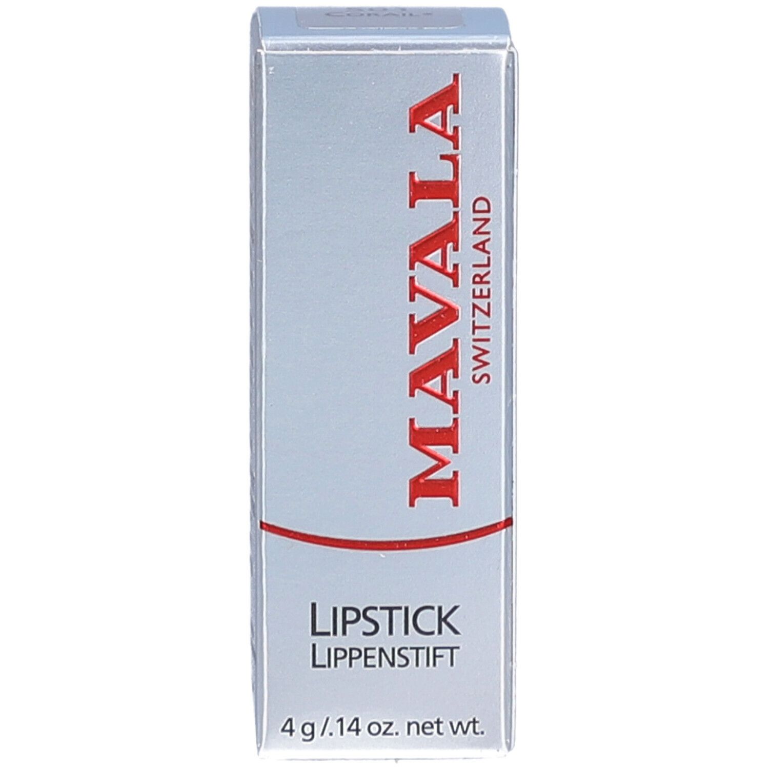 Doosje lippenstift MAVALA. Rode tekst. Onder: "LIPSTICK LIPPENSTIFT". Gewicht: 4 g / .14 oz. net wt.