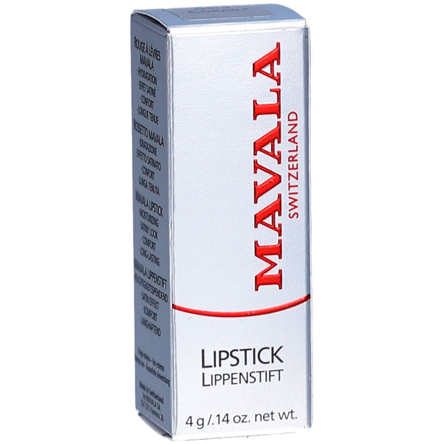Doosje lippenstift MAVALA. Rode tekst. Onder: "LIPSTICK LIPPENSTIFT". Gewicht: 4 g / .14 oz. net wt.