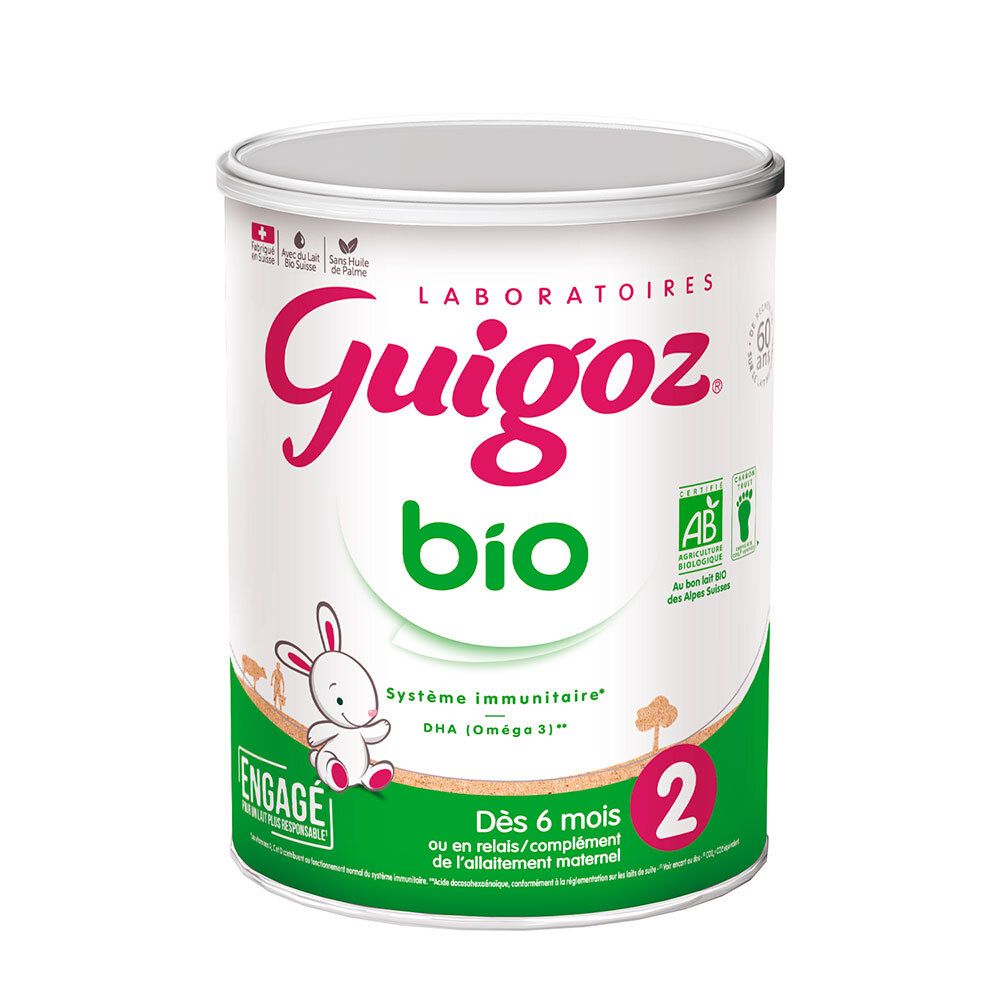 Blik GUIGOZ® BIO Lait 2ème âge. Groen-wit, logo, konijn, tekst. Vanaf 6 maanden.