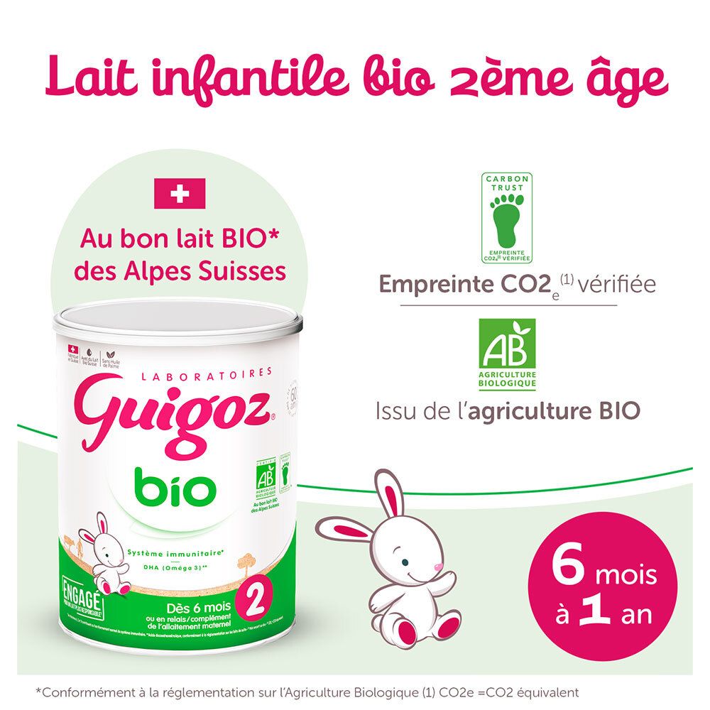 Blik GUIGOZ® BIO Lait 2ème âge, tekst en logo. Zwitsers kruis en AB-label.