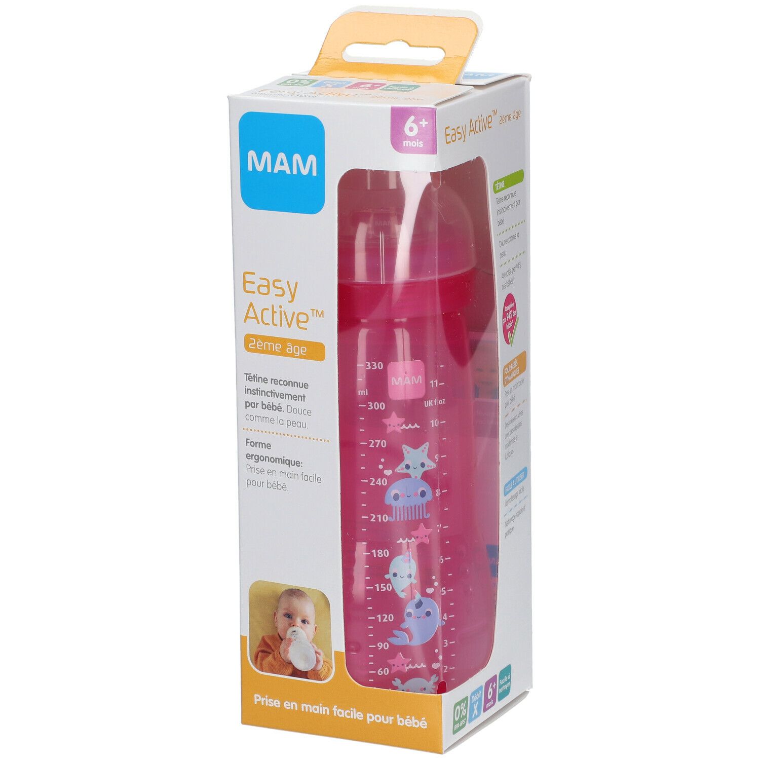 MAM EASY ACTIVE BIBERON - Biberon à vis complet, 2ème âge, débit X, coloré, 330 ml. rose,