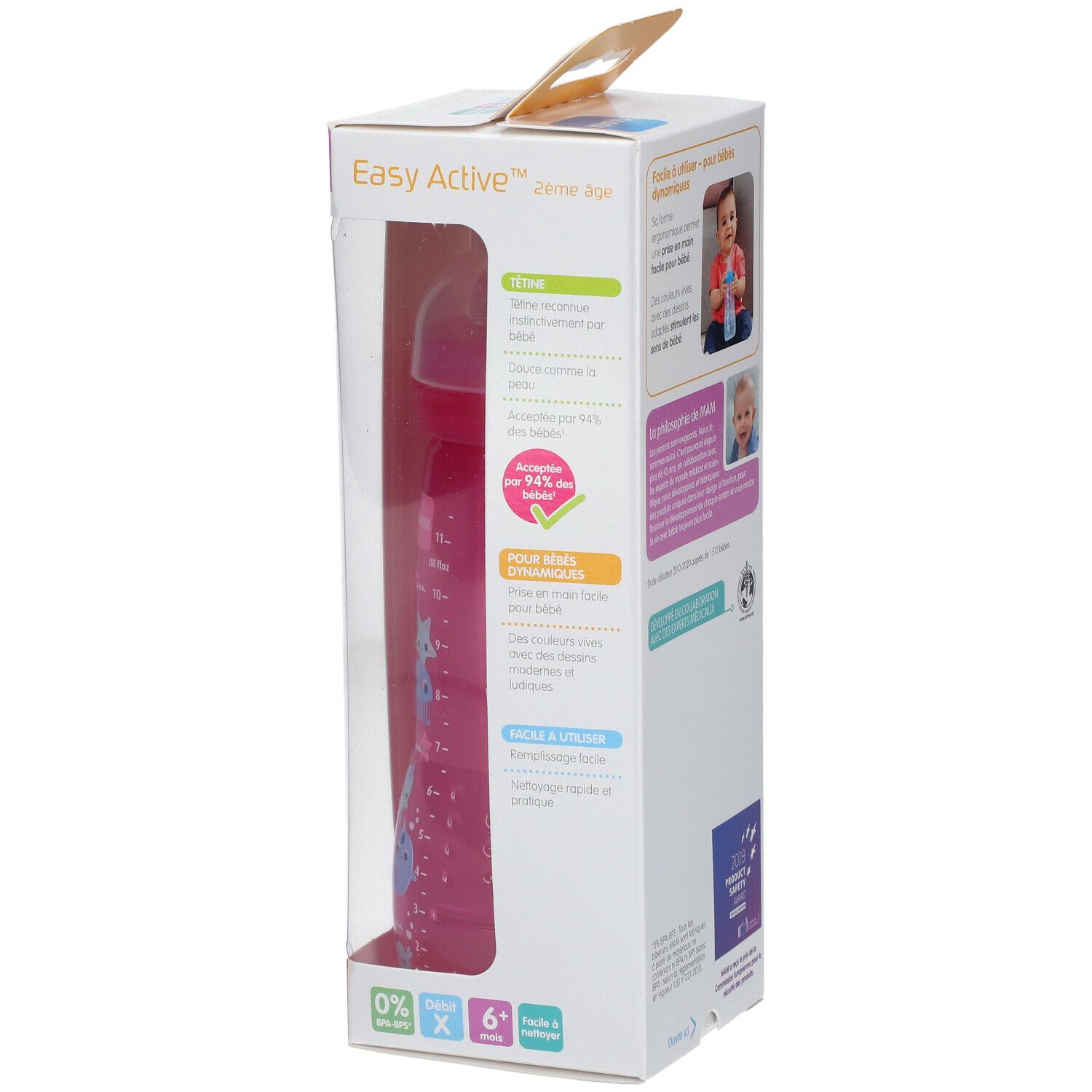 MAM EASY ACTIVE BIBERON - Biberon à vis complet, 2ème âge, débit X, coloré, 330 ml. rose,