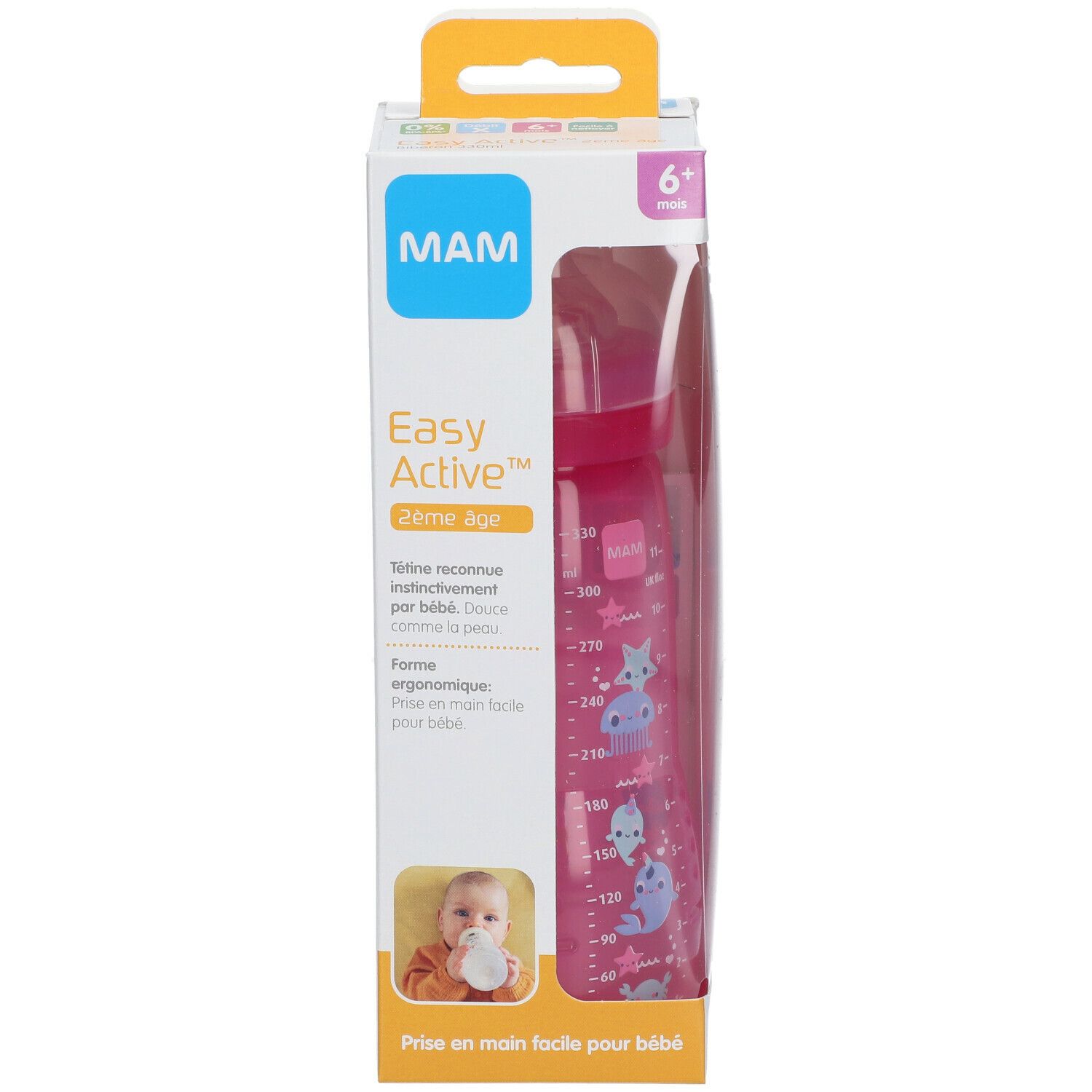 MAM EASY ACTIVE BIBERON - Biberon à vis complet, 2ème âge, débit X, coloré, 330 ml. rose,