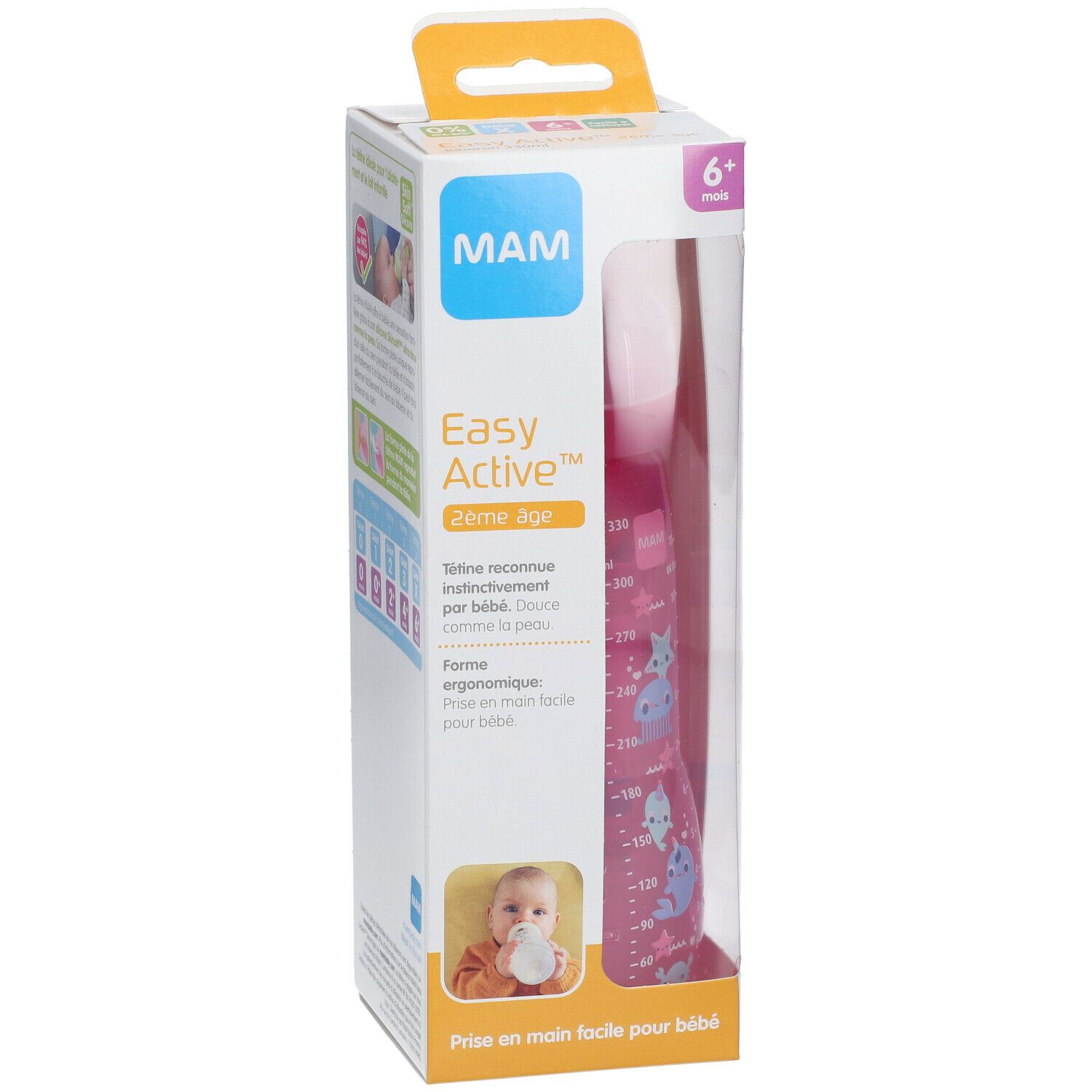 MAM EASY ACTIVE BIBERON - Biberon à vis complet, 2ème âge, débit X, coloré, 330 ml. rose,