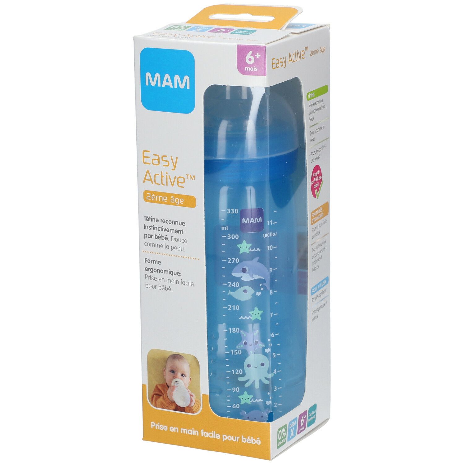 MAM Easy Start™ Anti-Colic babyfles in verpakking. Blauw, met schaalverdeling en dieren. 6+ maanden.