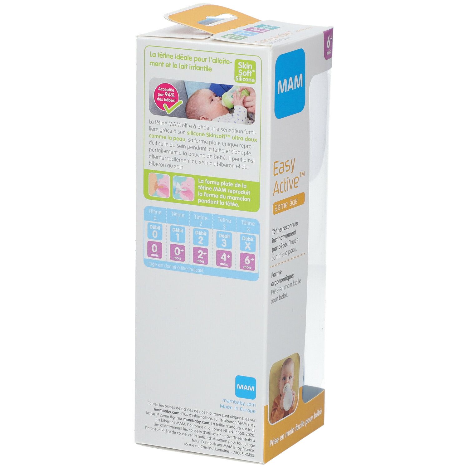 Verpakking van de MAM Easy Start™ Anti-Colic babyfles. Productinformatie, illustraties en leeftijdsindicaties.