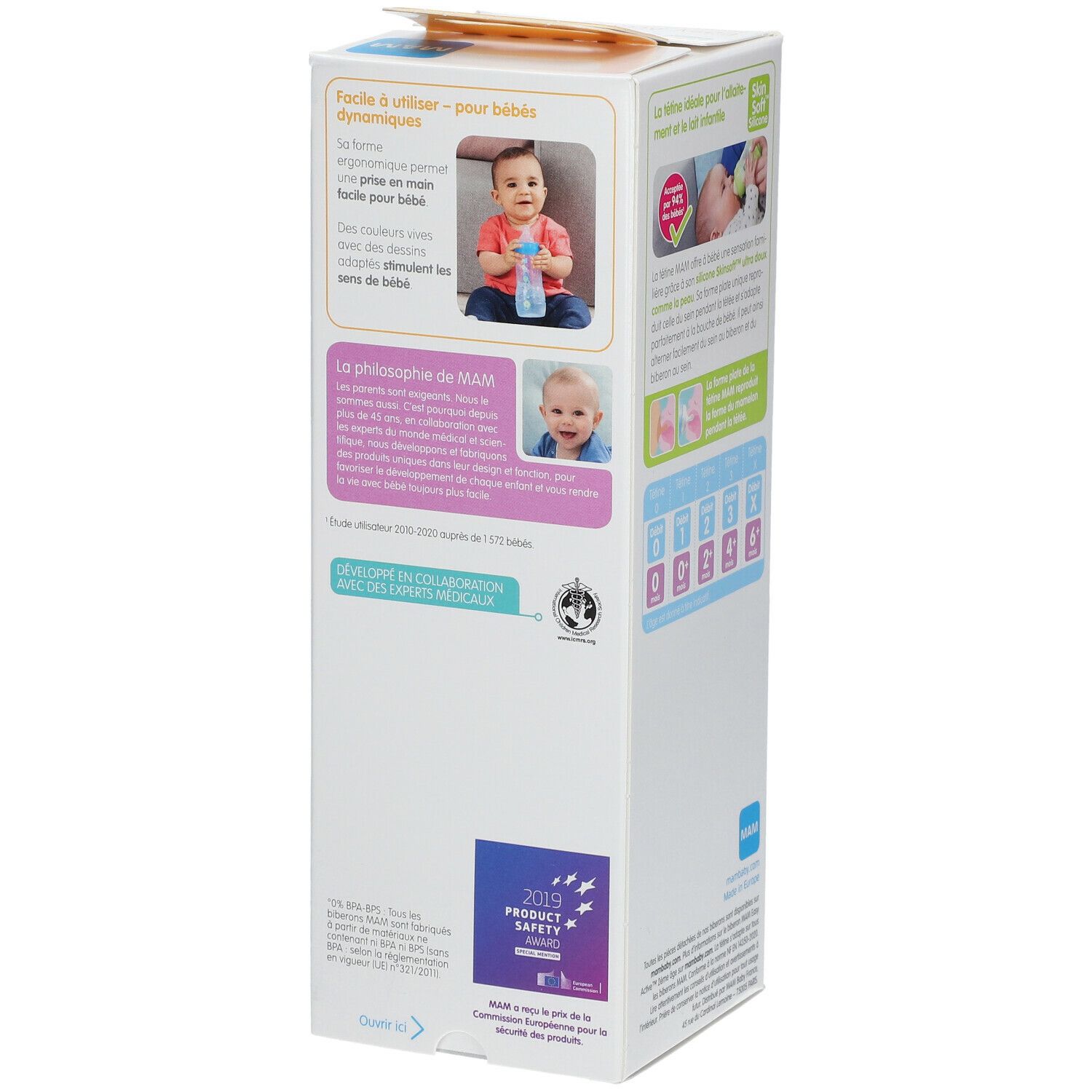 Achterkant van de verpakking van de MAM Easy Start™ Anti-Colic babyfles. Informatie, illustraties en certificering.