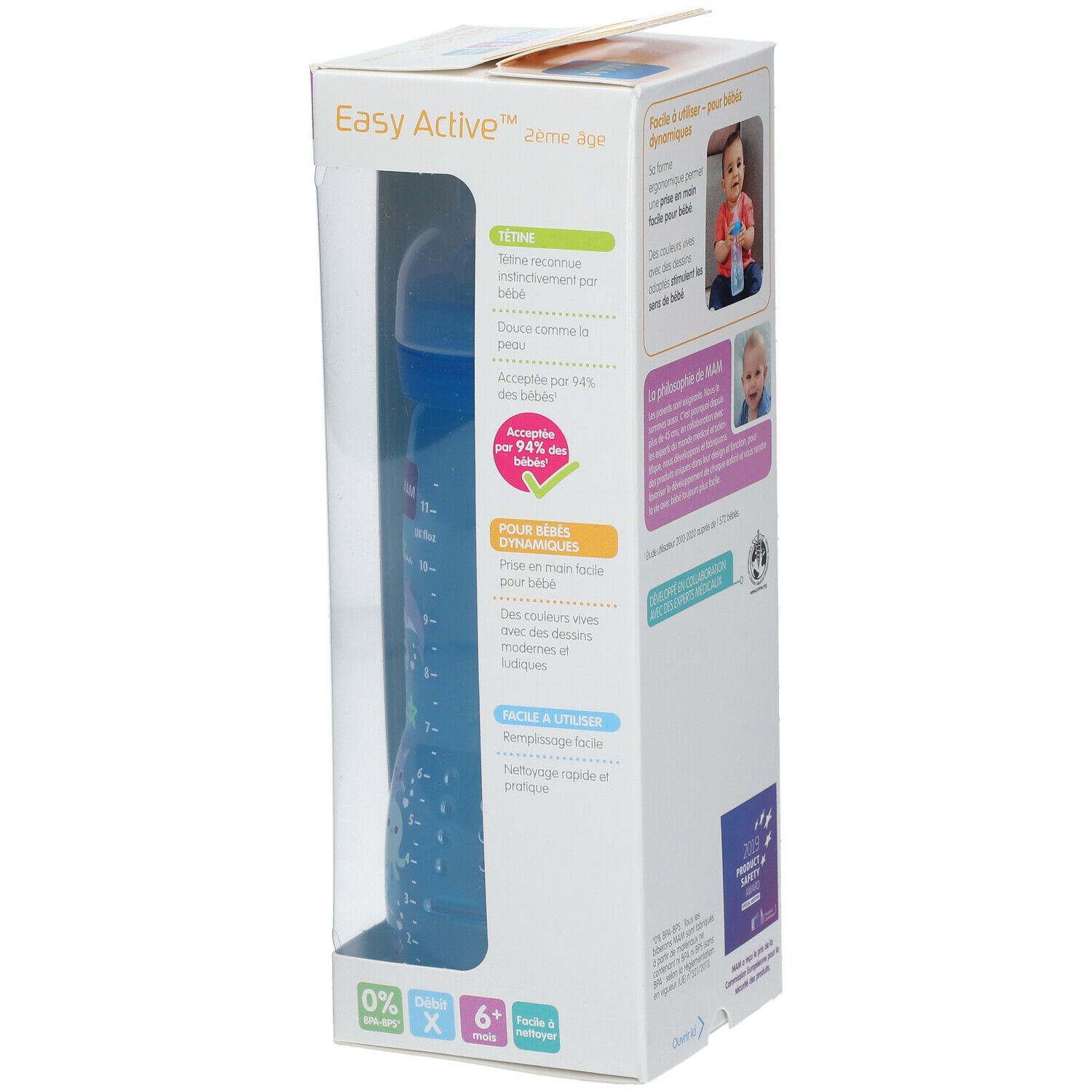 Verpakking van de MAM Easy Start™ Anti-Colic babyfles. Productweergave, informatie en leeftijdsindicaties.
